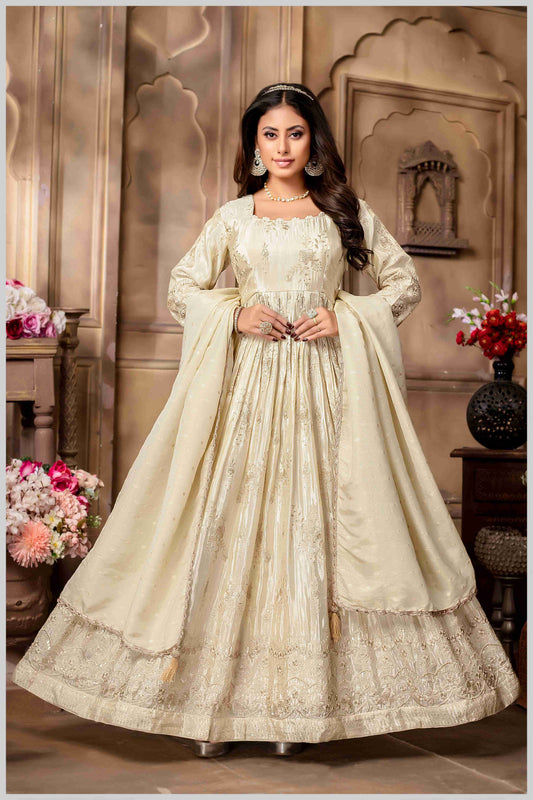 Off White Embroidered Anarkali with Golden Accents