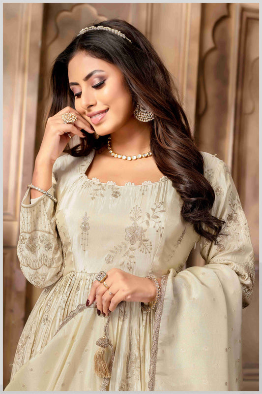 Off White Embroidered Anarkali with Golden Accents