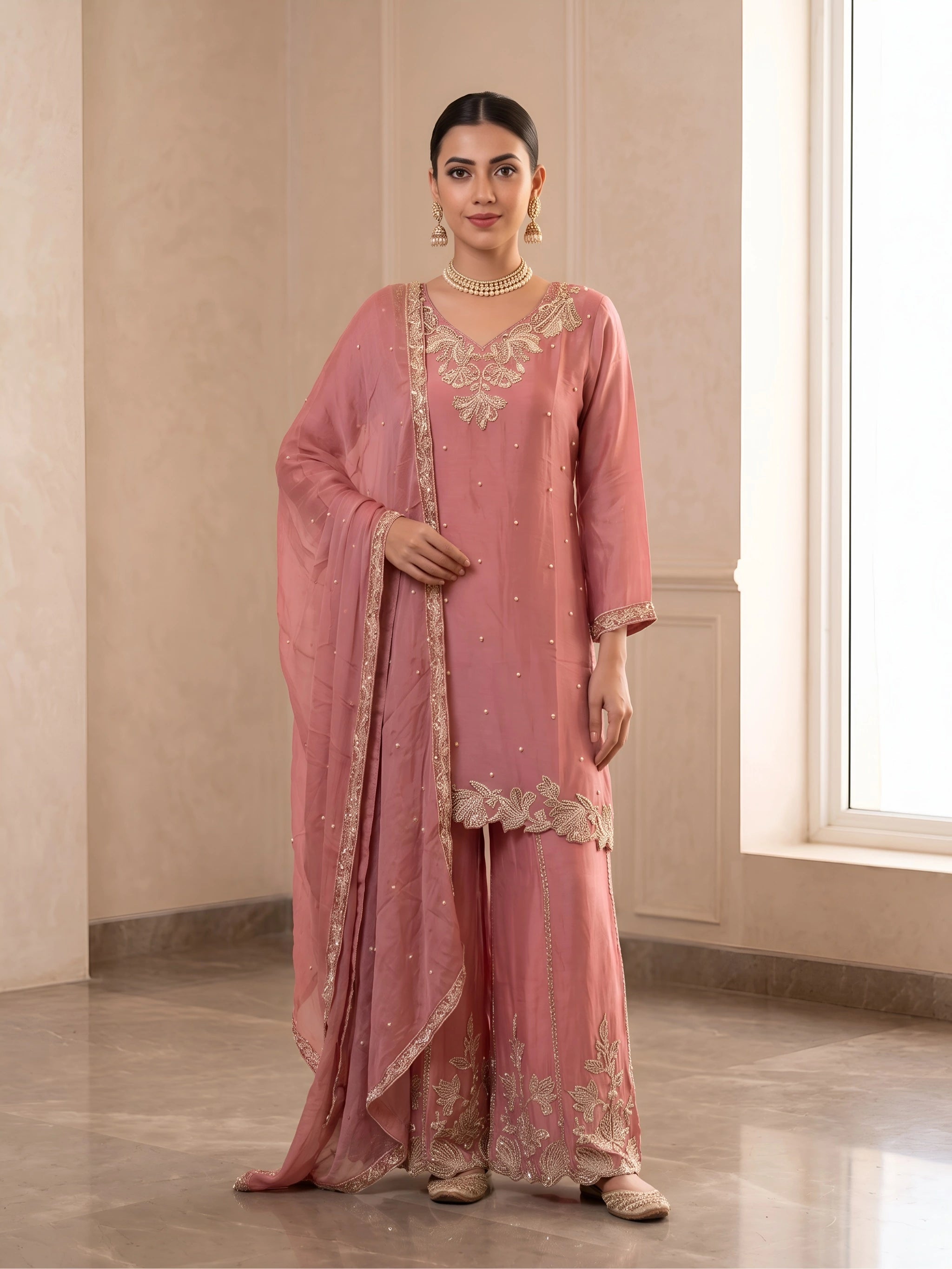Chinon Beads Work Kurta Palazzo Set with Dupatta