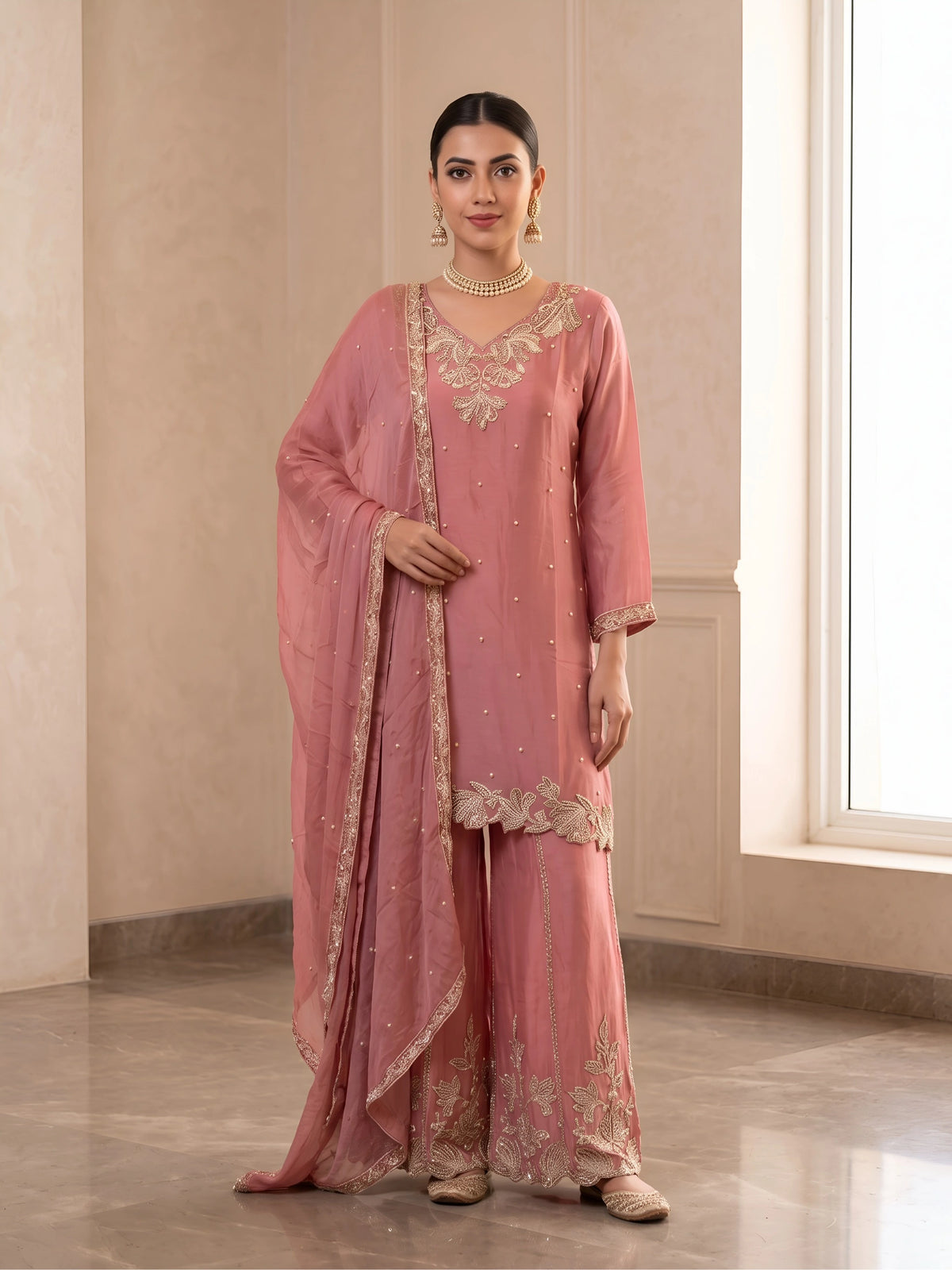 Chinon Beads Work Kurta Palazzo Set with Dupatta