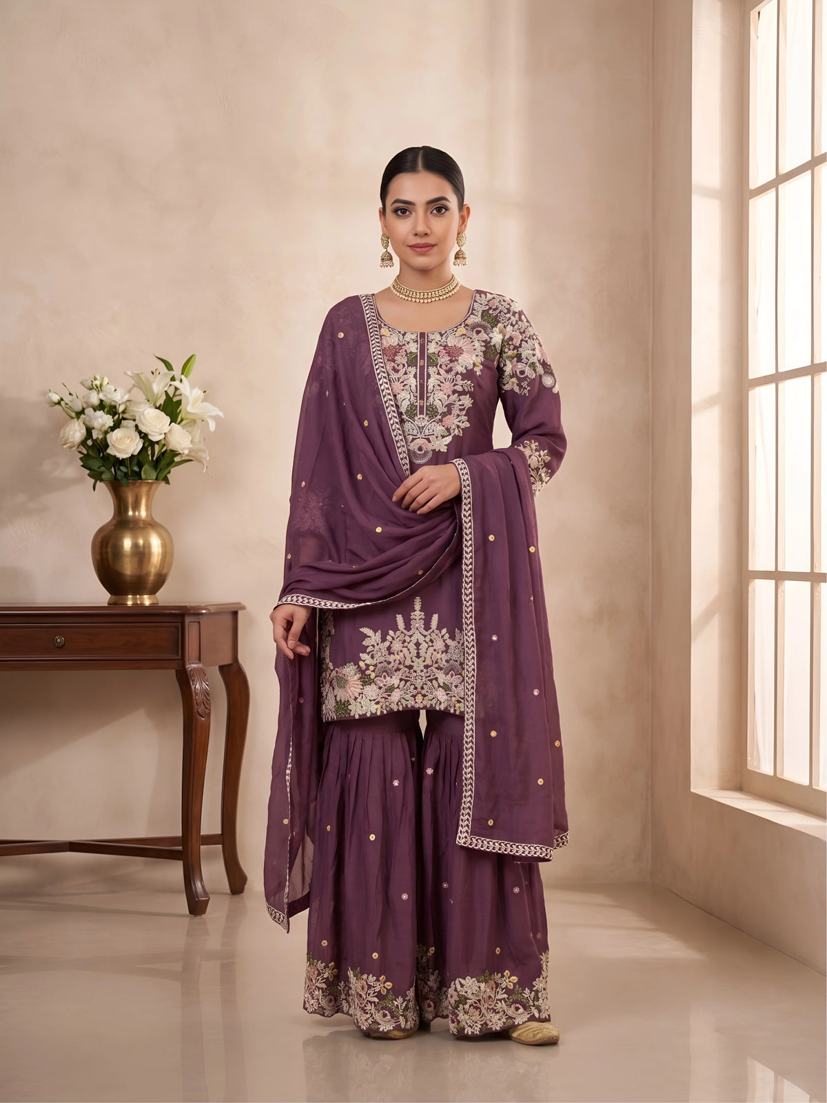 Chinon Embroidered Kurta Palazzo Set with Dupatta