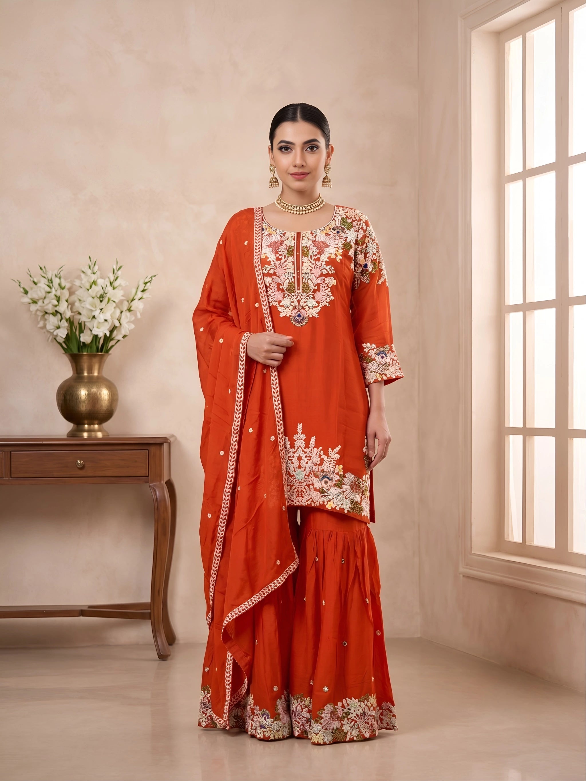 Chinon Embroidered Kurta Palazzo Set with Dupatta
