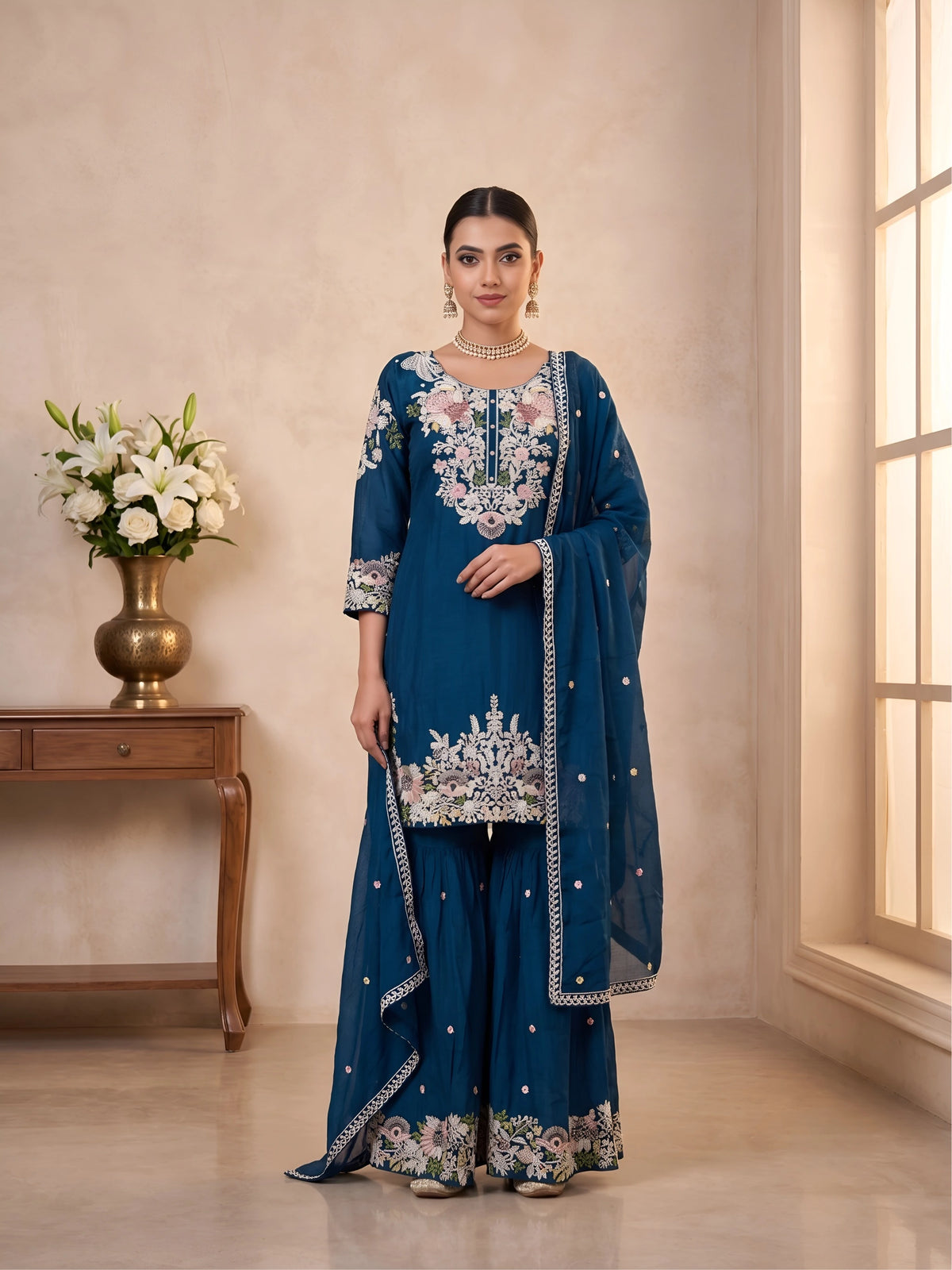 Chinon Embroidered Kurta Palazzo Set with Dupatta