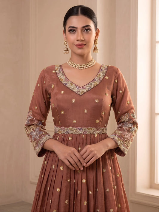 Tissue Anarkali Gown with Intricate Beads Handwork and Dupatta