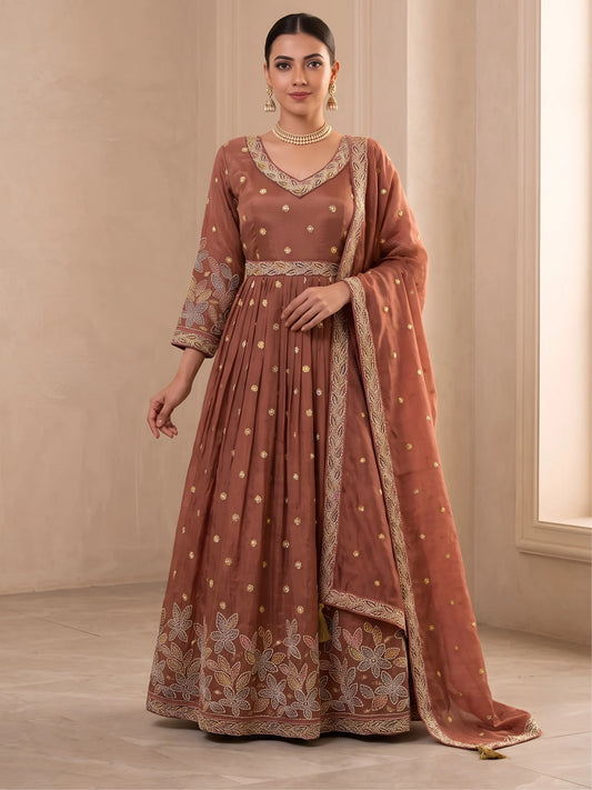 Tissue Anarkali Gown with Intricate Beads Handwork and Dupatta