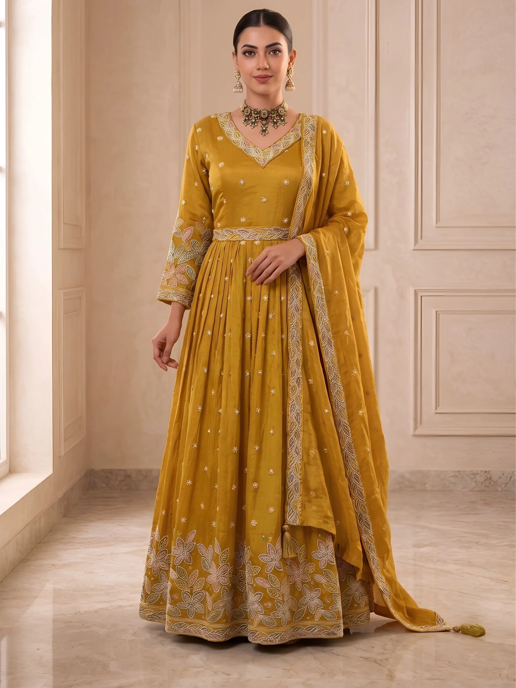 Tissue Anarkali Gown with Intricate Beads Handwork and Dupatta