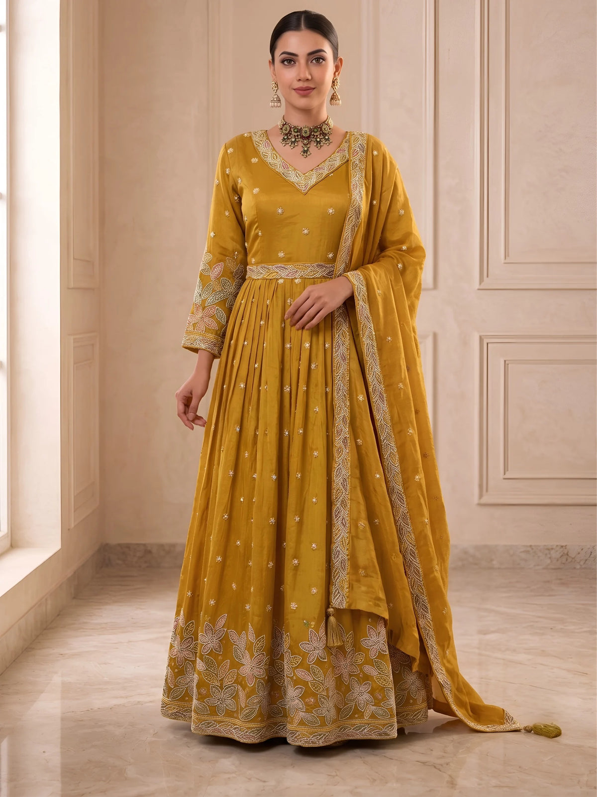 Tissue Anarkali Gown with Intricate Beads Handwork and Dupatta