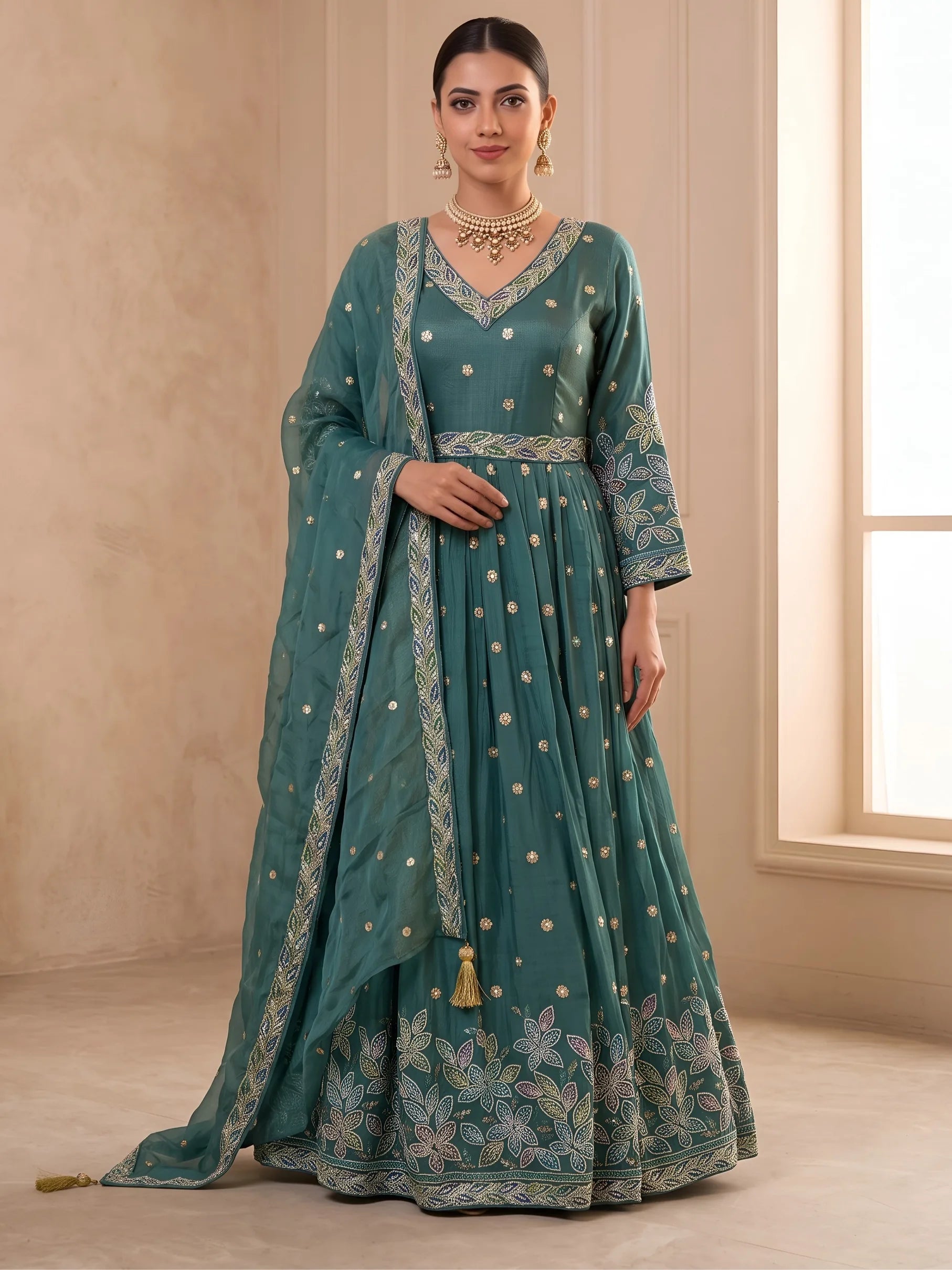 Tissue Anarkali Gown with Intricate Beads Handwork and Dupatta