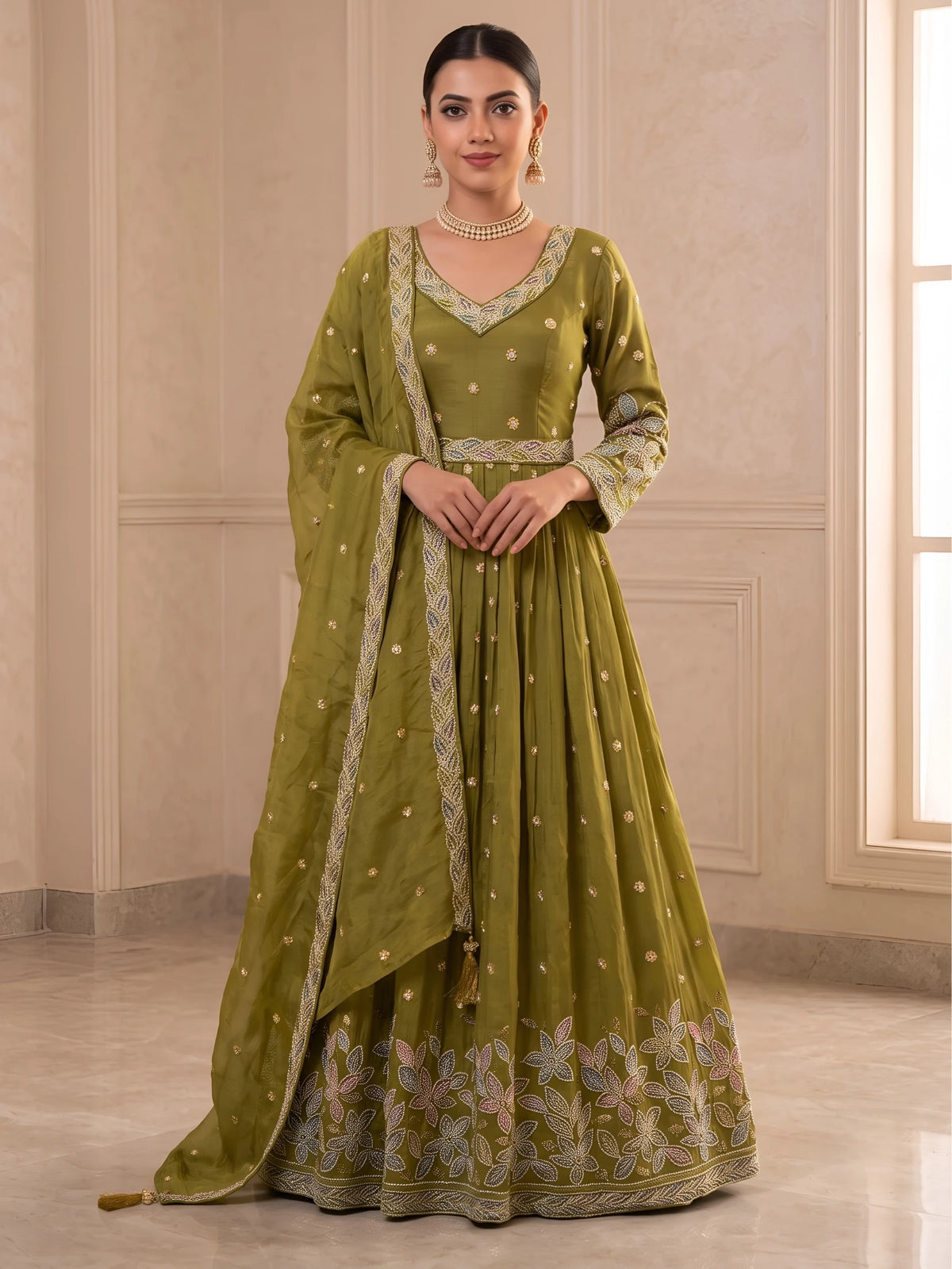 Tissue Anarkali Gown with Intricate Beads Handwork and Dupatta