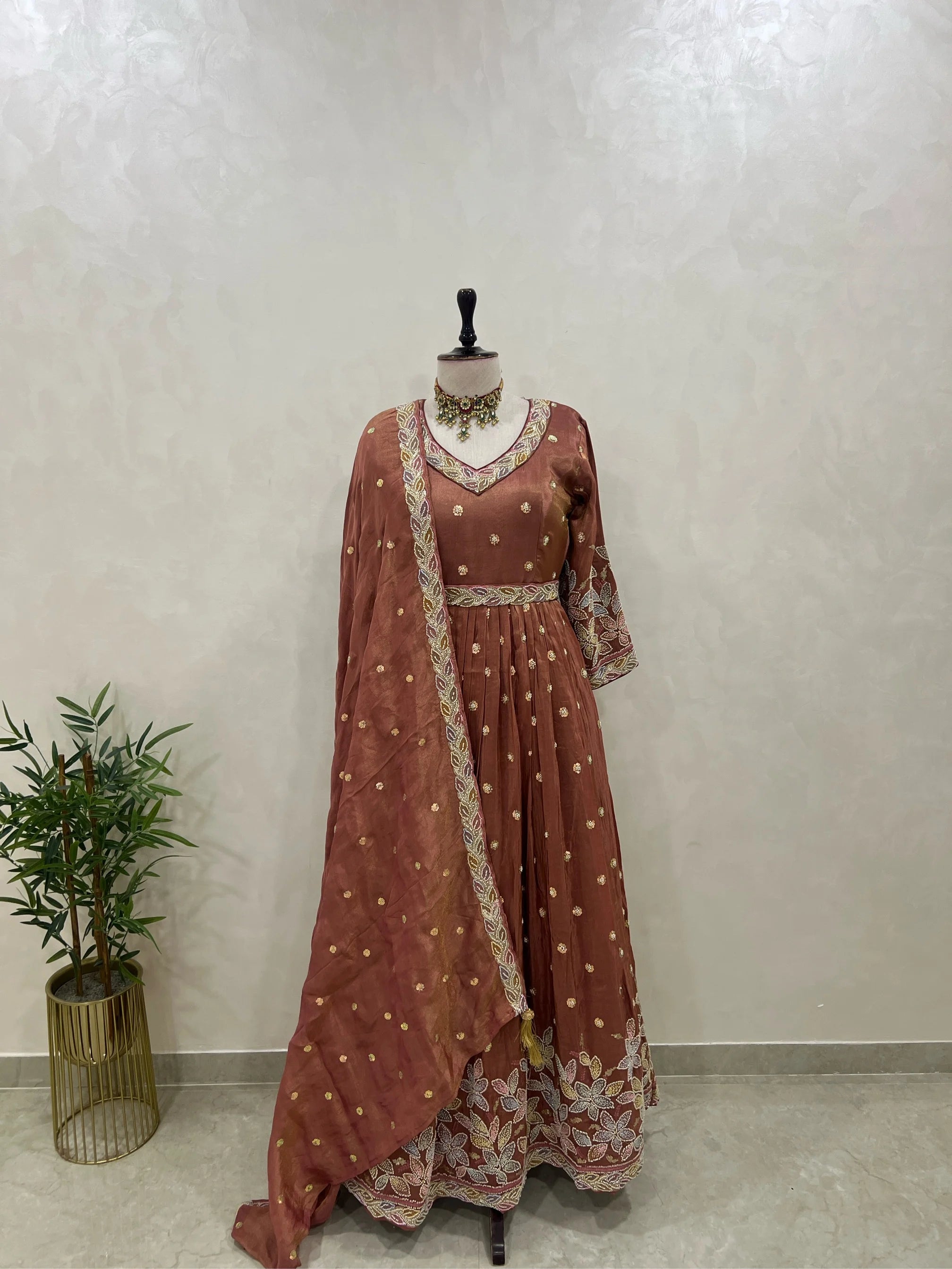 Tissue Anarkali Gown with Intricate Beads Handwork and Dupatta