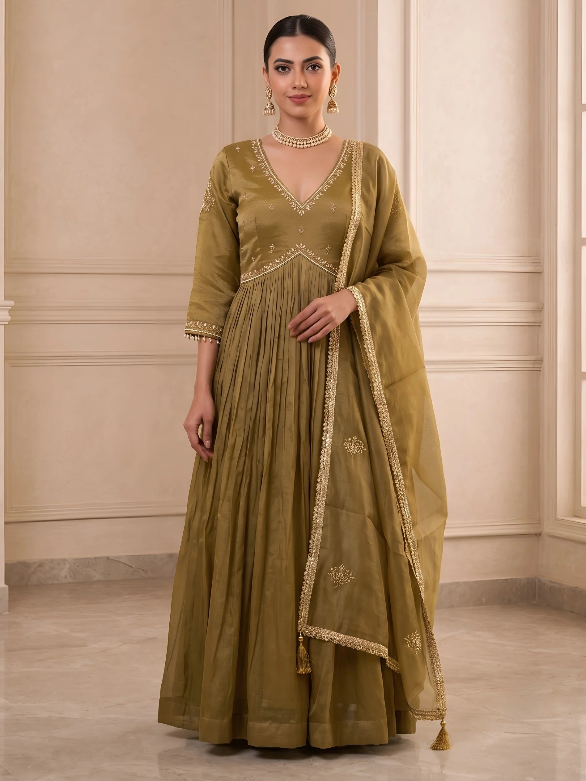 Tissue Anarkali Gown with Golden Lace Detailing and Dupatta