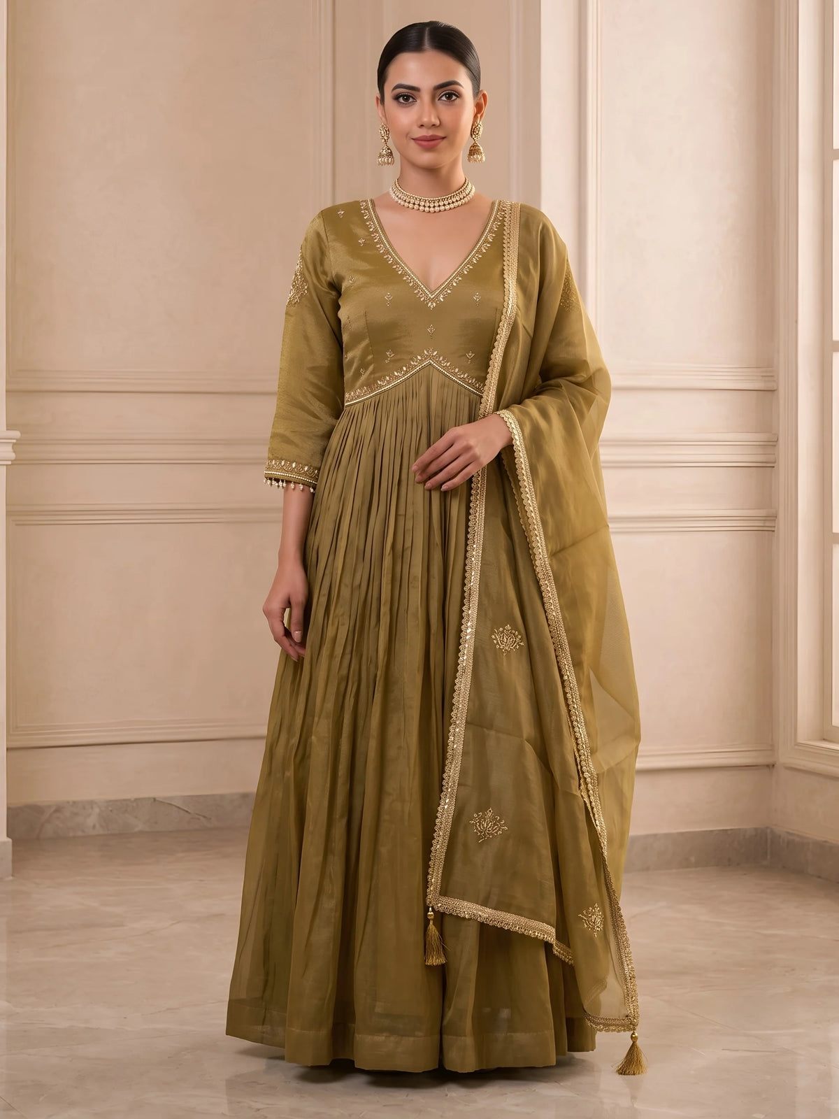 Tissue Anarkali Gown with Golden Lace Detailing and Dupatta