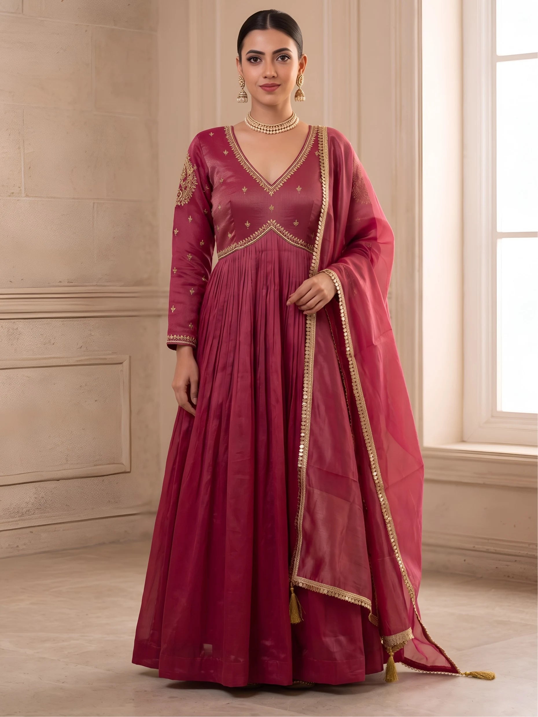 Tissue Anarkali Gown with Golden Lace Detailing and Dupatta