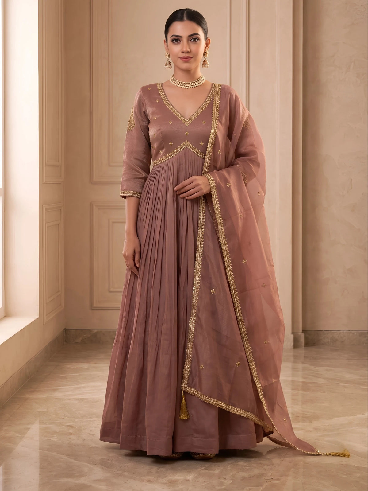 Tissue Anarkali Gown with Golden Lace Detailing and Dupatta