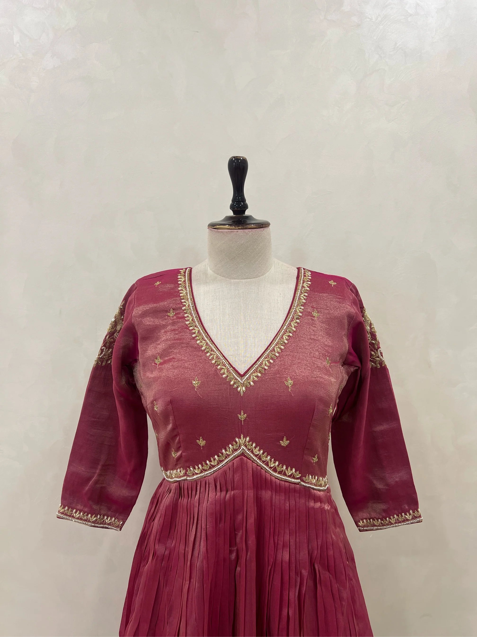 Tissue Anarkali Gown with Golden Lace Detailing and Dupatta