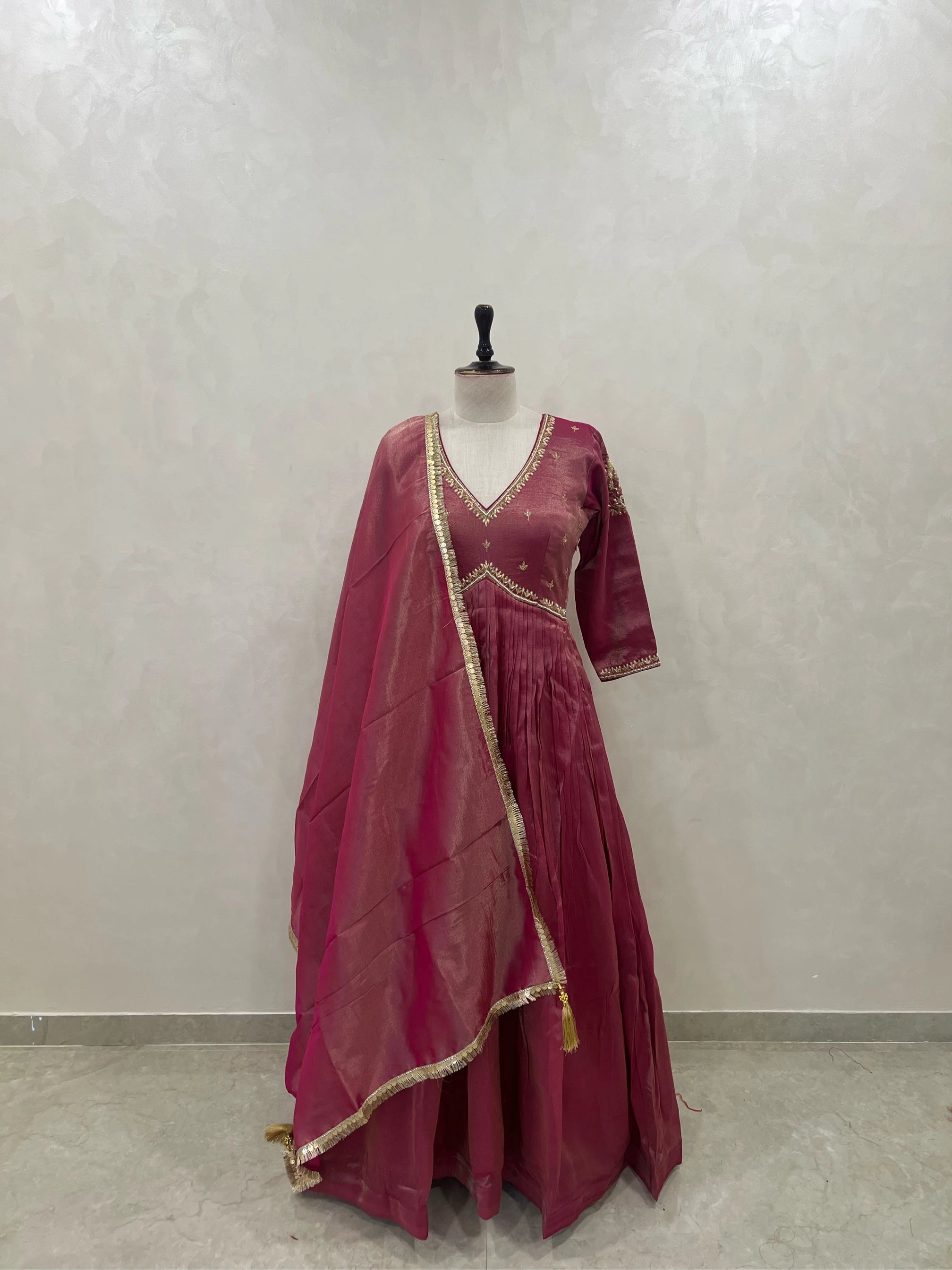 Tissue Anarkali Gown with Golden Lace Detailing and Dupatta