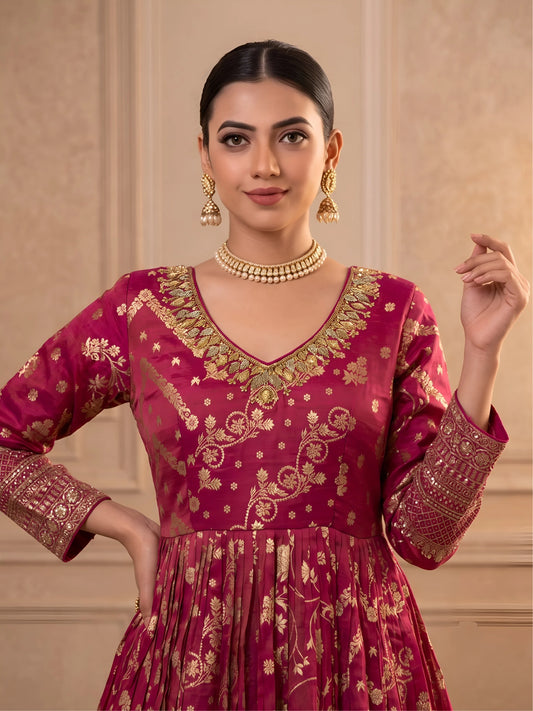 Tissue Silk Anarkali Gown with Zari Weaving and Dupatta