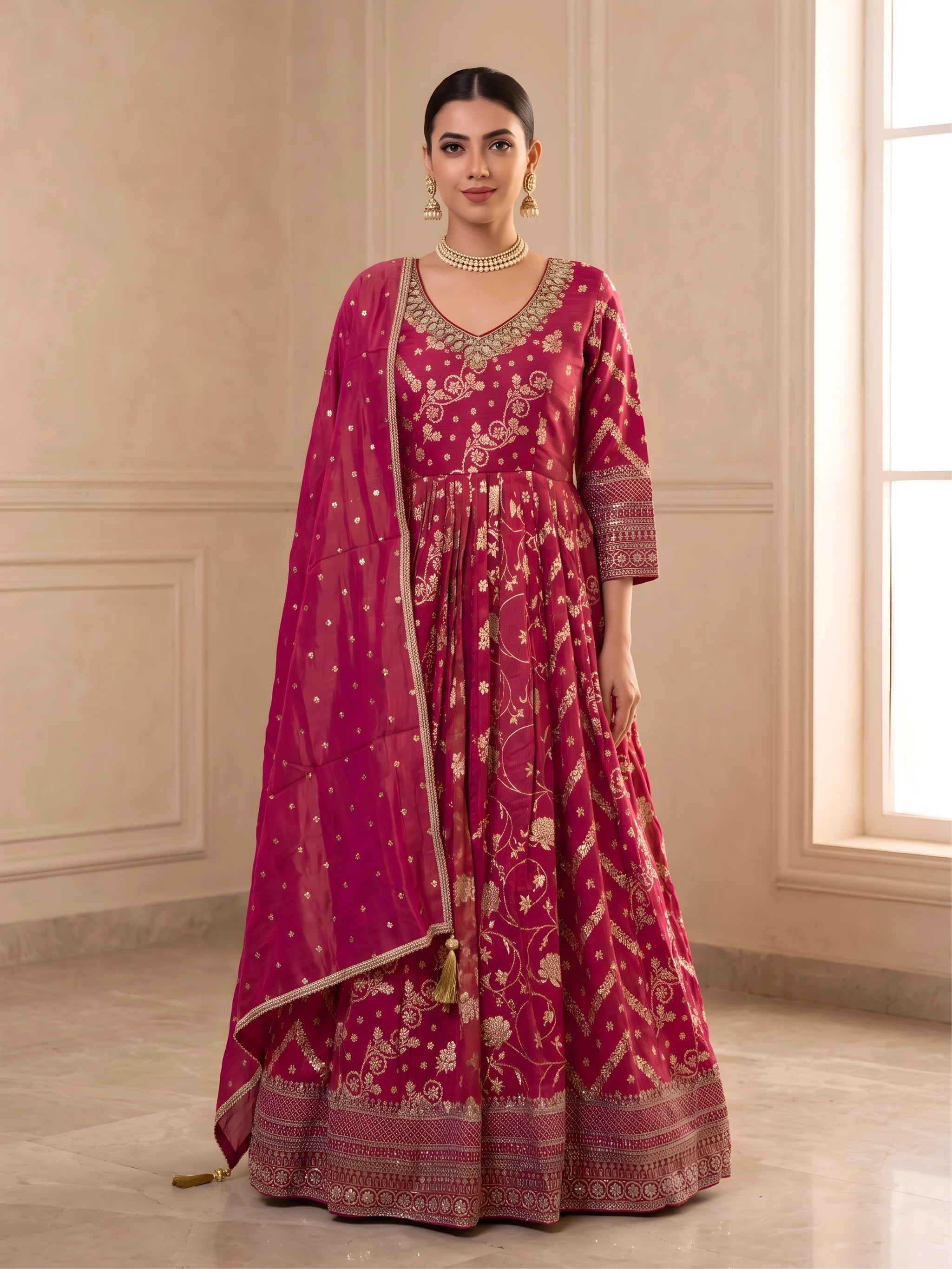 Tissue Silk Anarkali Gown with Zari Weaving and Dupatta