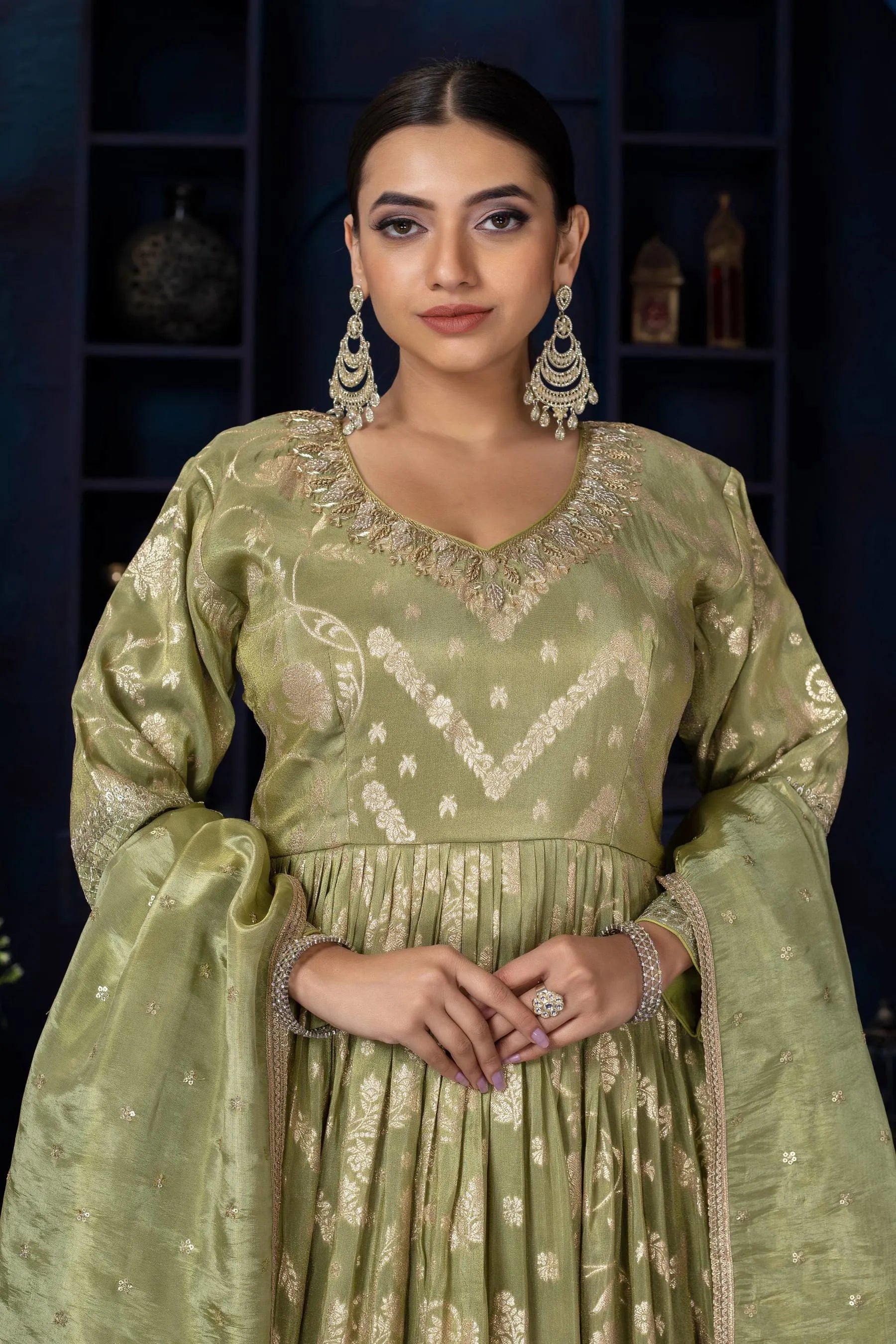 Tissue Silk Anarkali Gown with Zari Weaving and Dupatta