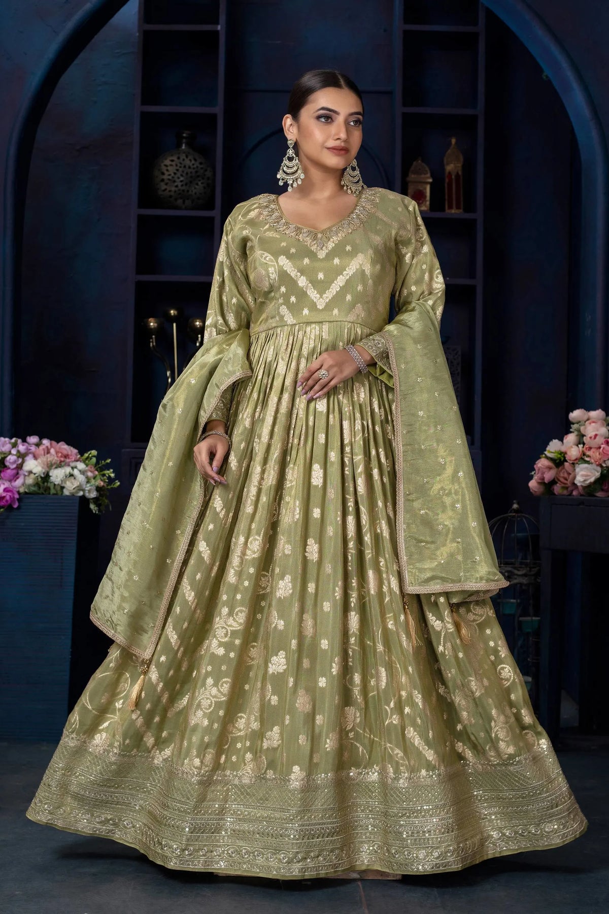 Tissue Silk Anarkali Gown with Zari Weaving and Dupatta