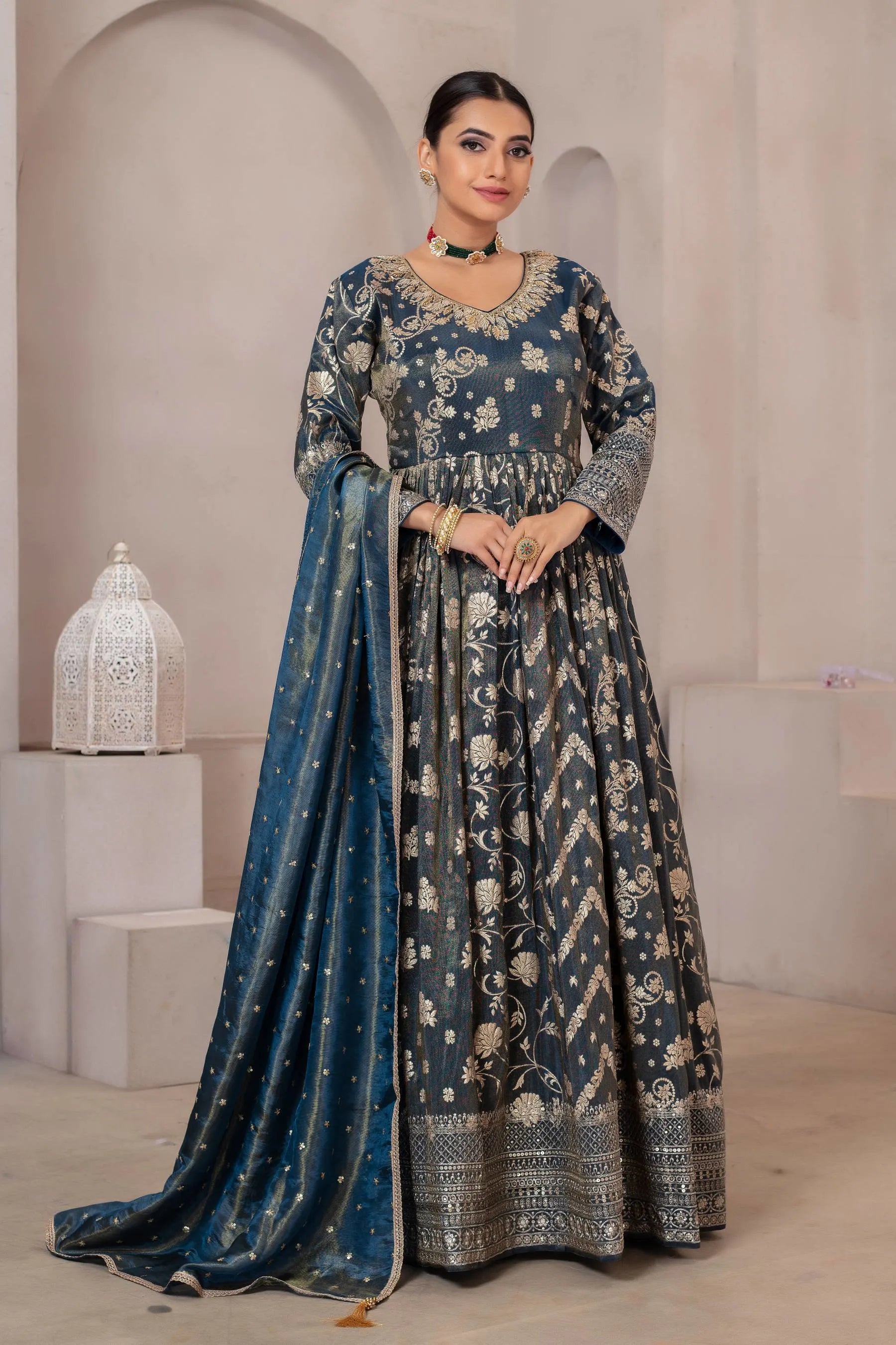 Tissue Silk Anarkali Gown with Zari Weaving and Dupatta
