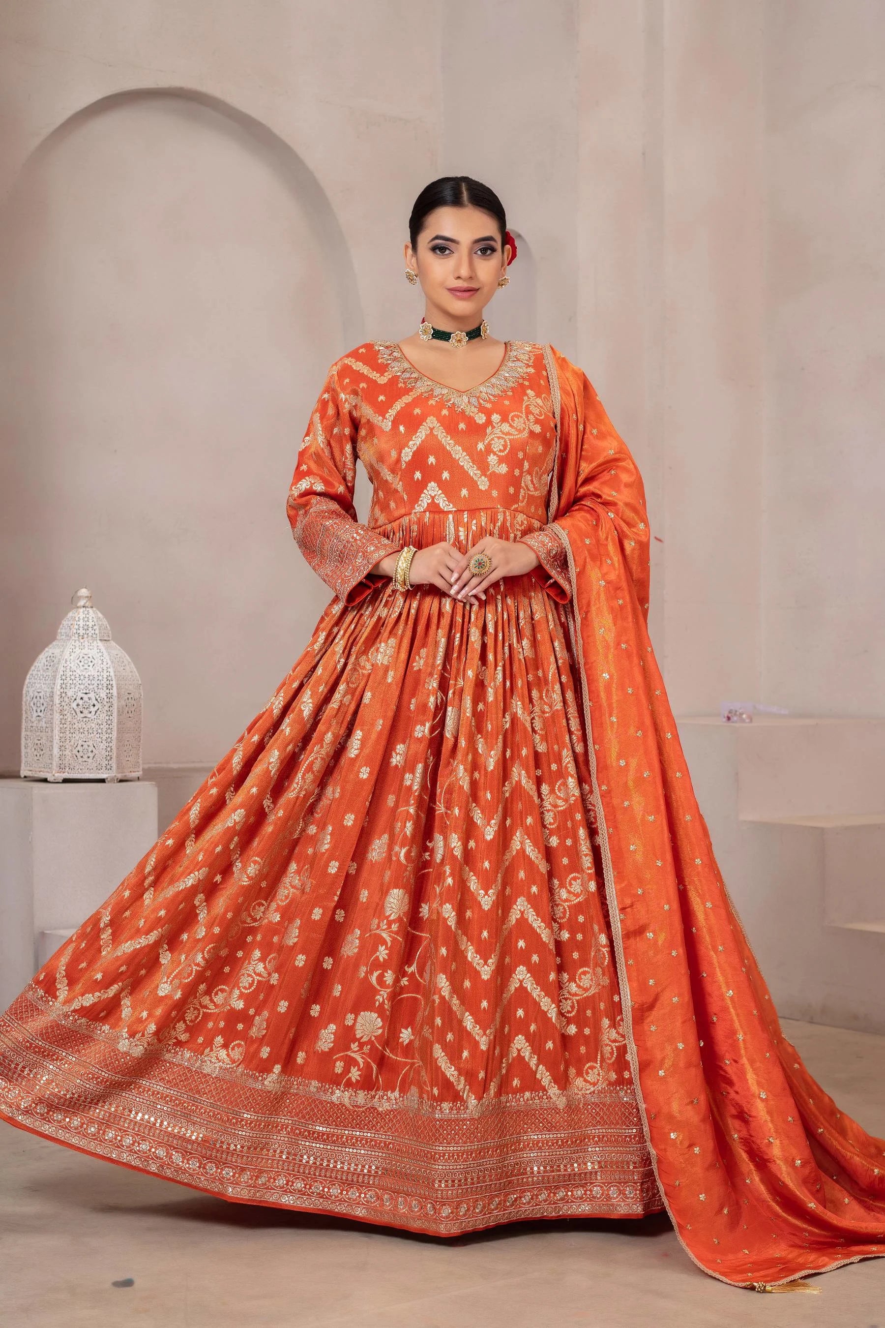 Tissue Silk Anarkali Gown with Zari Weaving and Dupatta