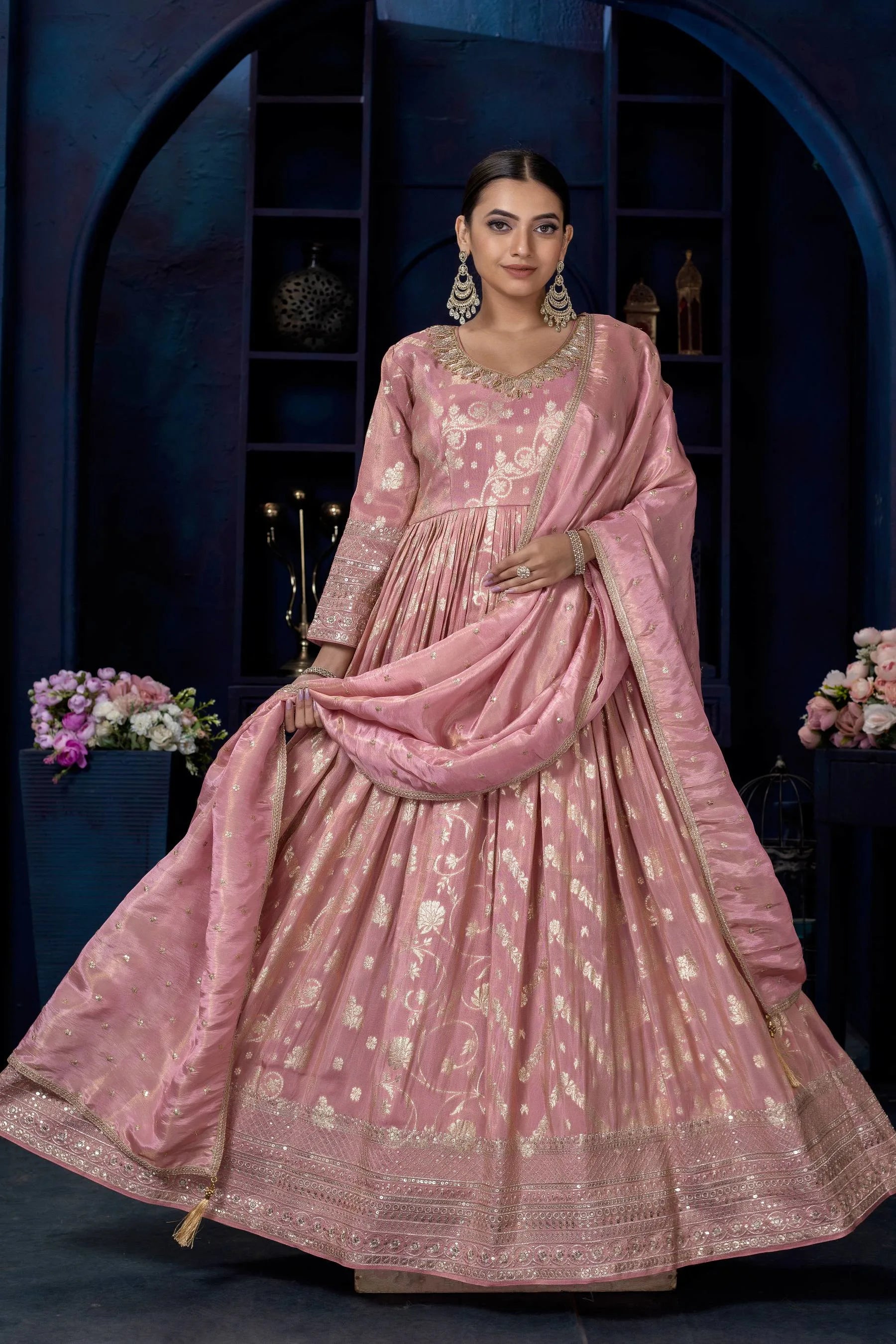 Tissue Silk Anarkali Gown with Zari Weaving and Dupatta