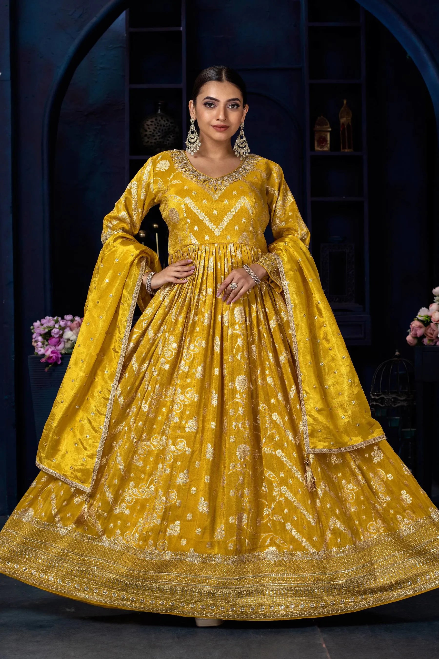 Tissue Silk Anarkali Gown with Zari Weaving and Dupatta