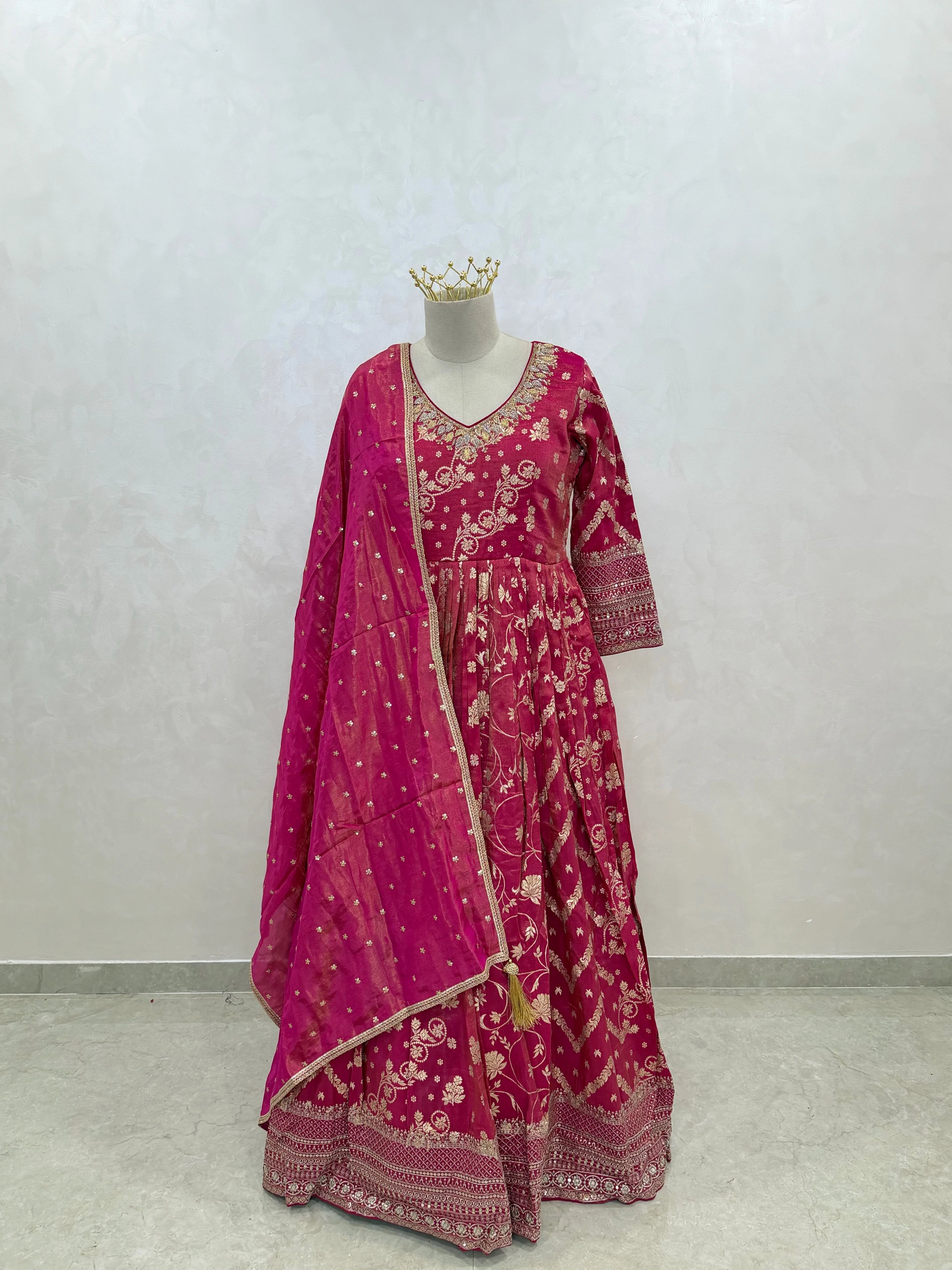 Tissue Silk Anarkali Gown with Zari Weaving and Dupatta