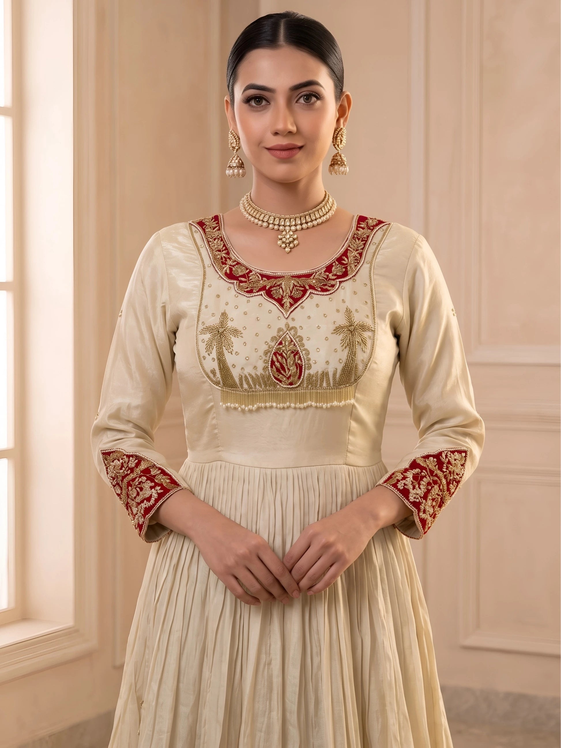 Tissue Anarkali Gown with Bandhani Patchwork and Handwork
