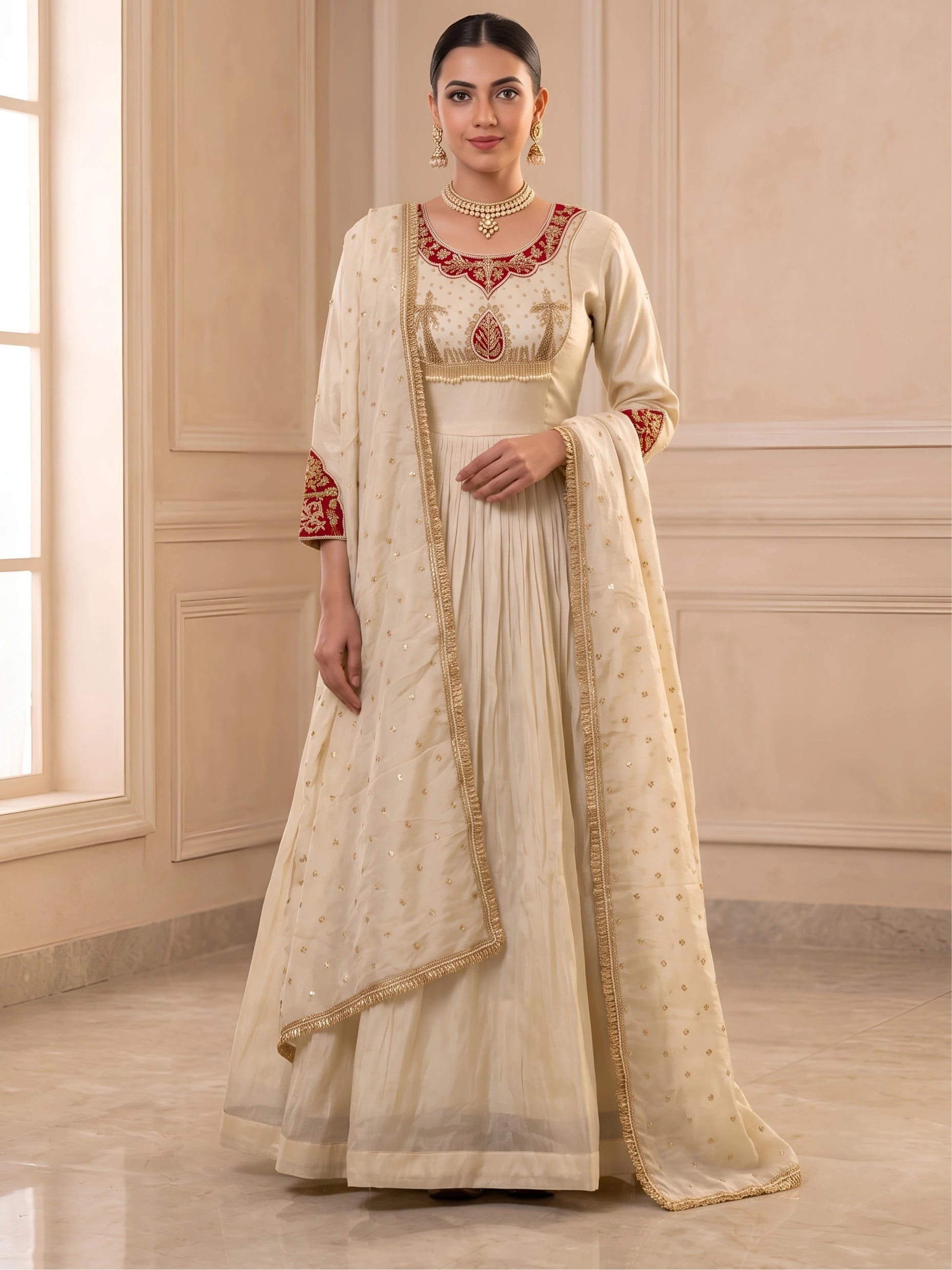 Tissue Anarkali Gown with Bandhani Patchwork and Handwork