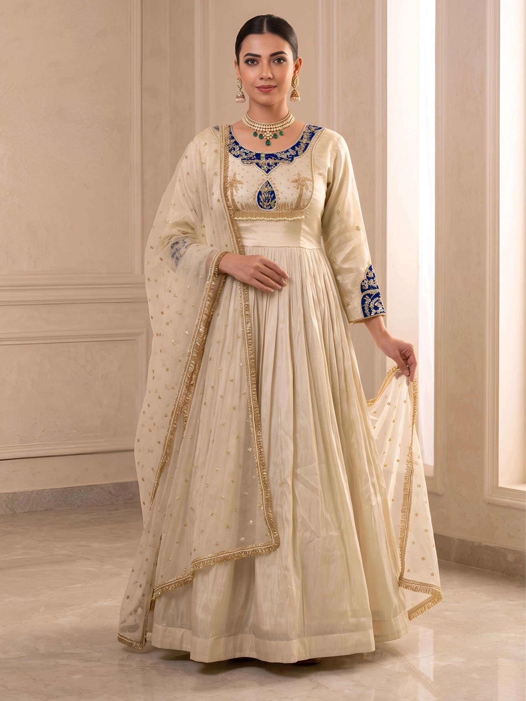 Tissue Anarkali Gown with Bandhani Patchwork and Handwork