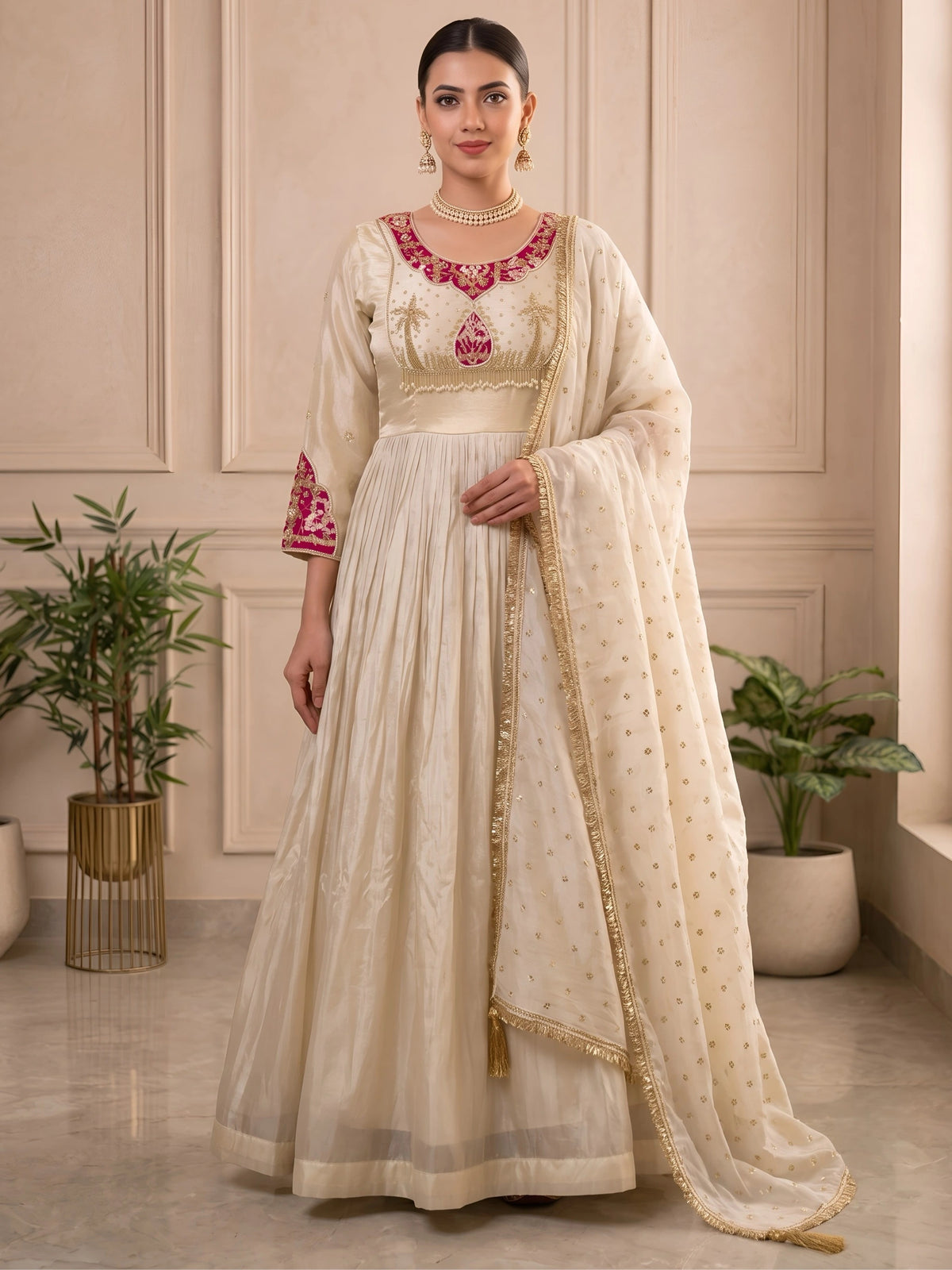 Tissue Anarkali Gown with Bandhani Patchwork and Handwork