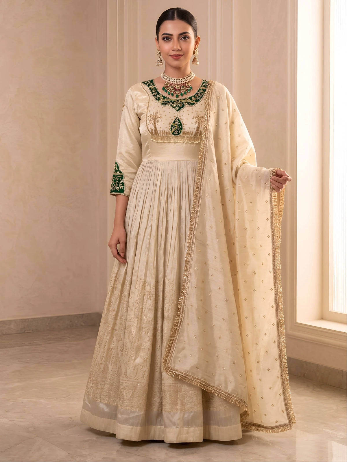 Tissue Anarkali Gown with Bandhani Patchwork and Handwork