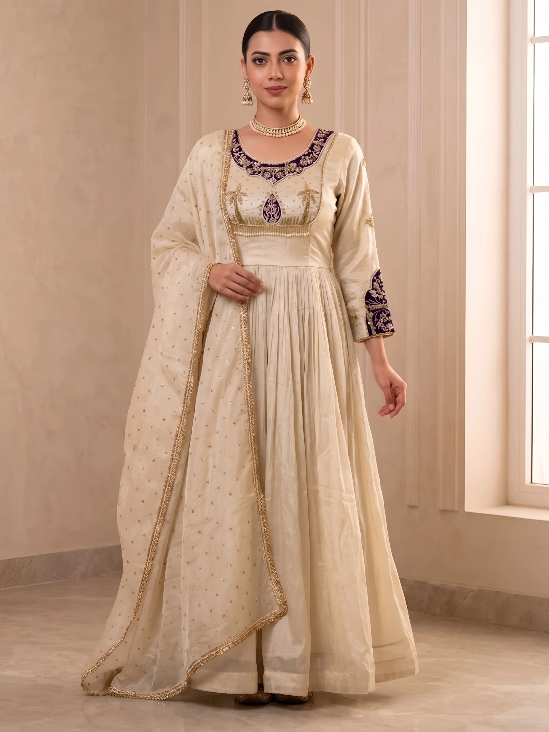 Tissue Anarkali Gown with Bandhani Patchwork and Handwork