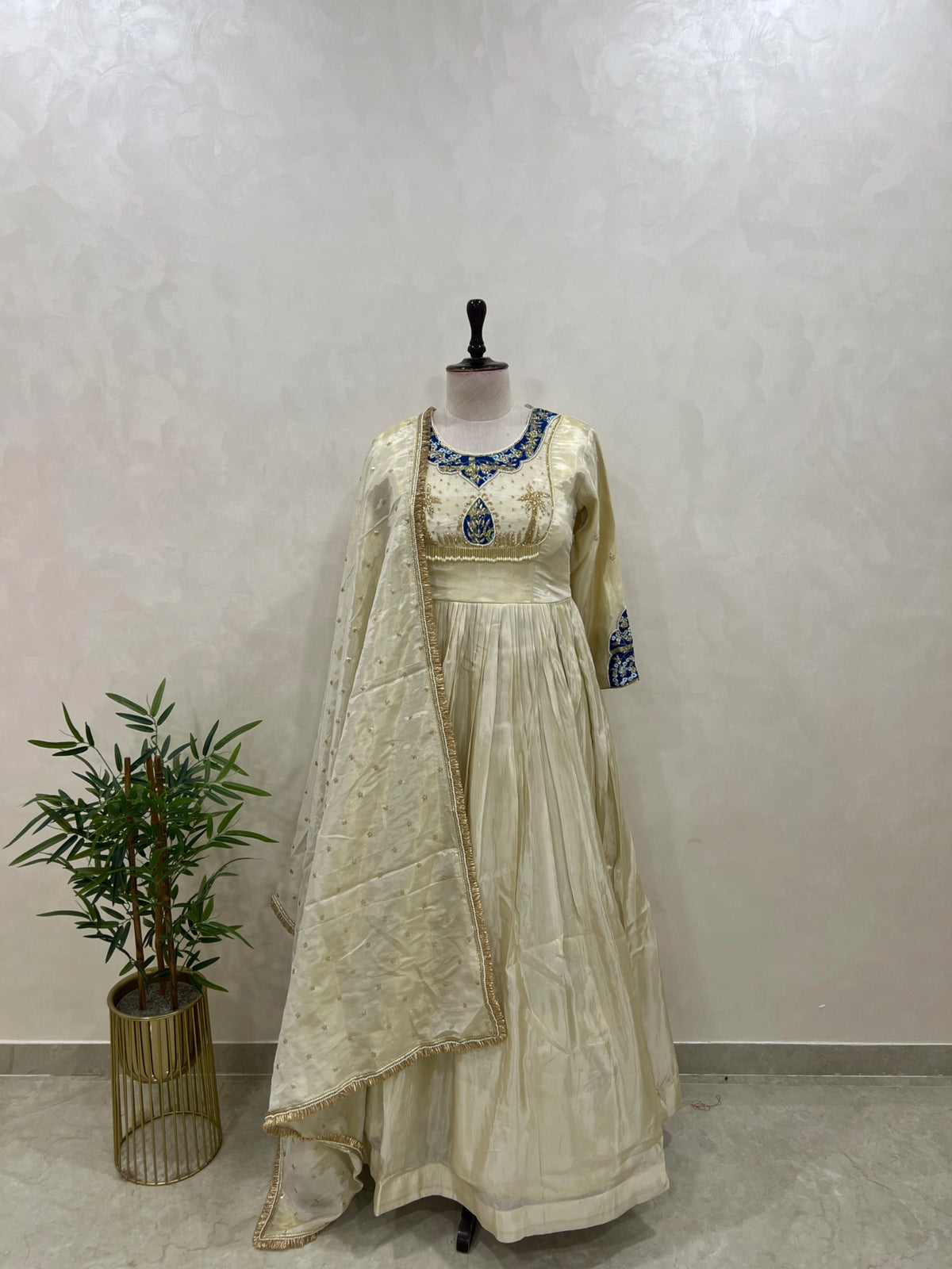 Tissue Anarkali Gown with Bandhani Patchwork and Handwork