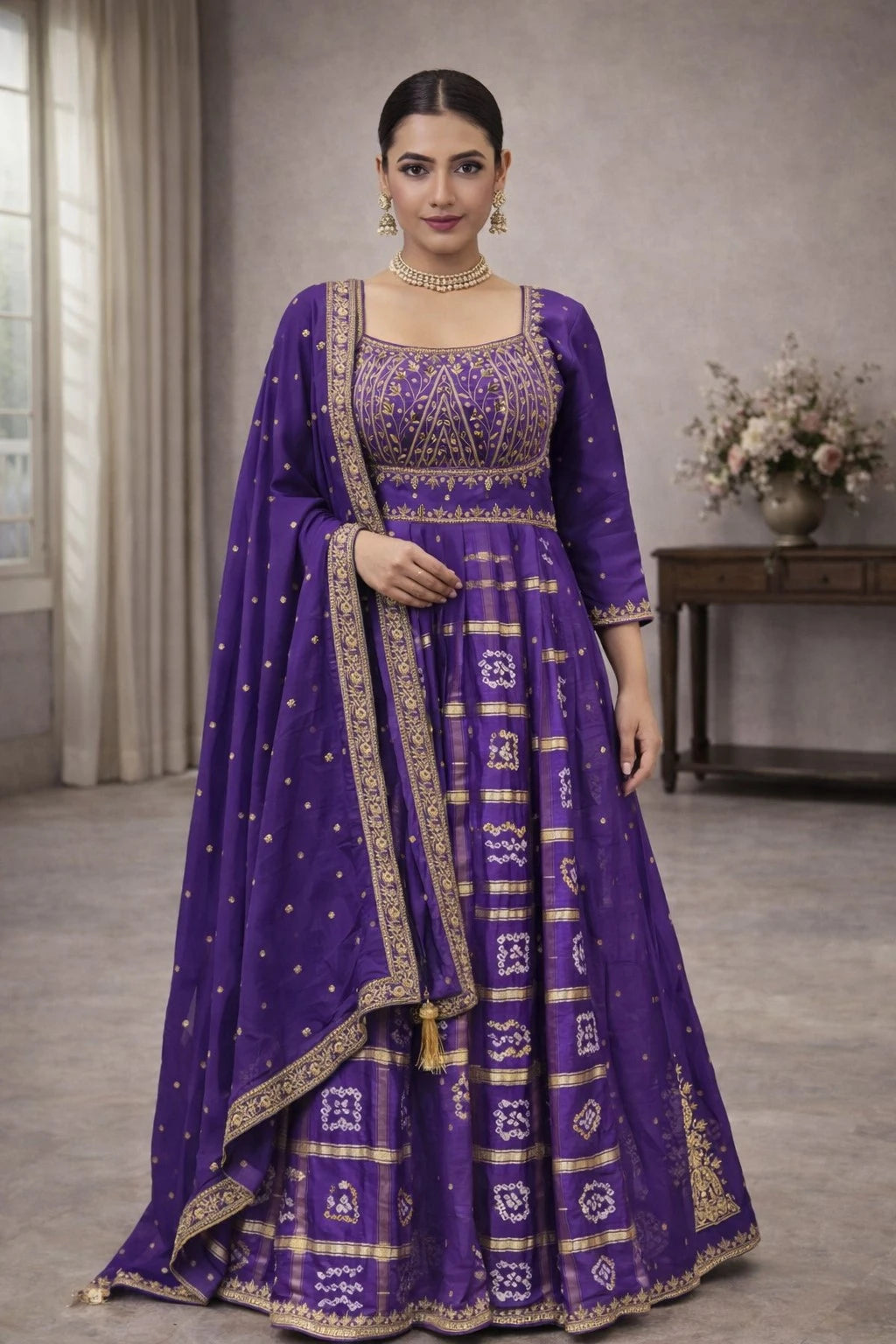 Bandhej Anarkali Gown with Intricate Handwork