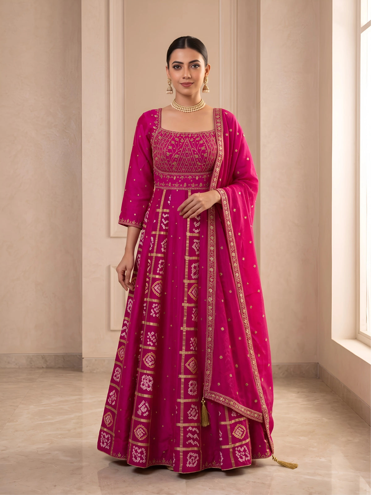 Bandhej Anarkali Gown with Intricate Handwork