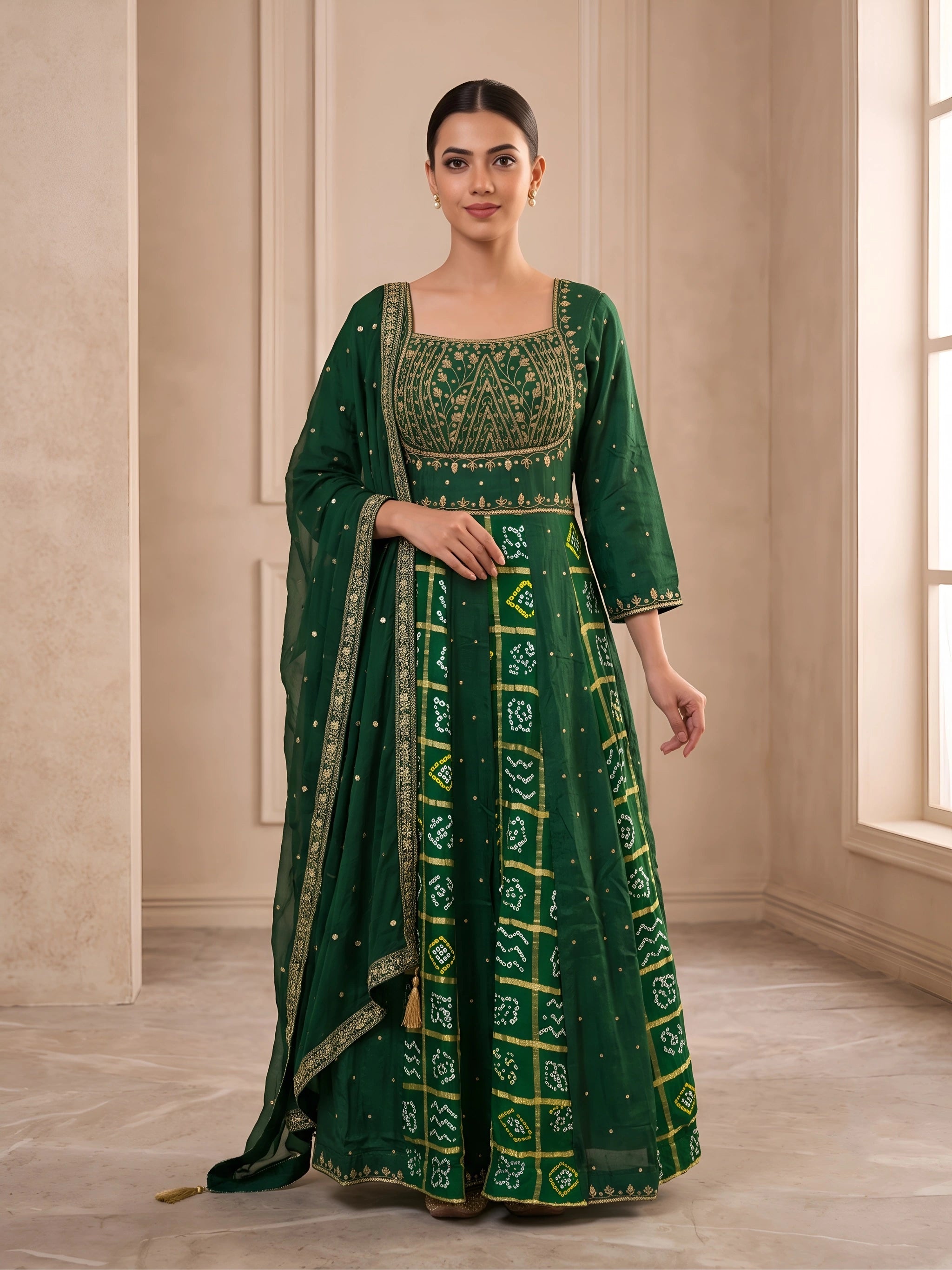 Bandhej Anarkali Gown with Intricate Handwork