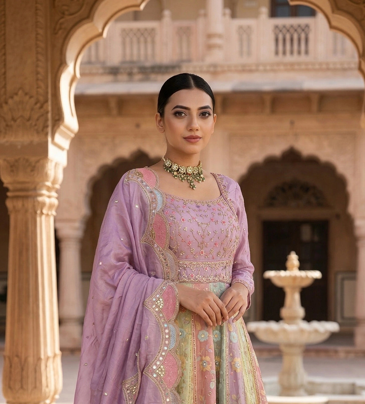 Tissue Anarkali Gown with Handwork and Machine Work Dupatta