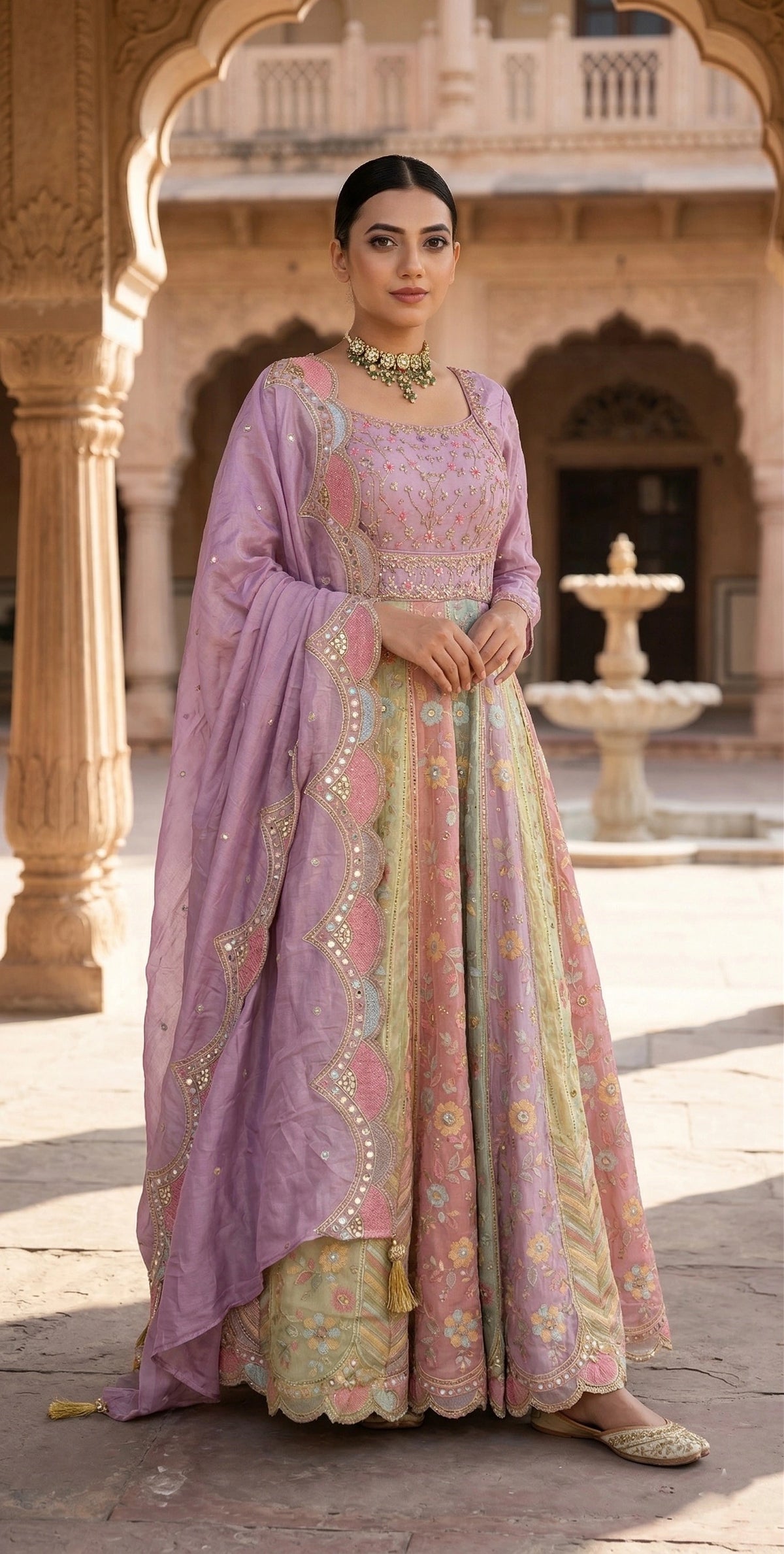 Tissue Anarkali Gown with Handwork and Machine Work Dupatta