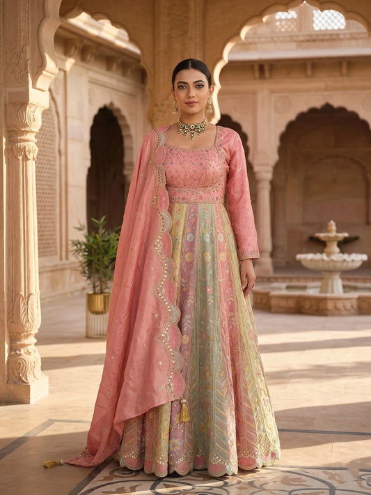 Tissue Anarkali Gown with Handwork and Machine Work Dupatta