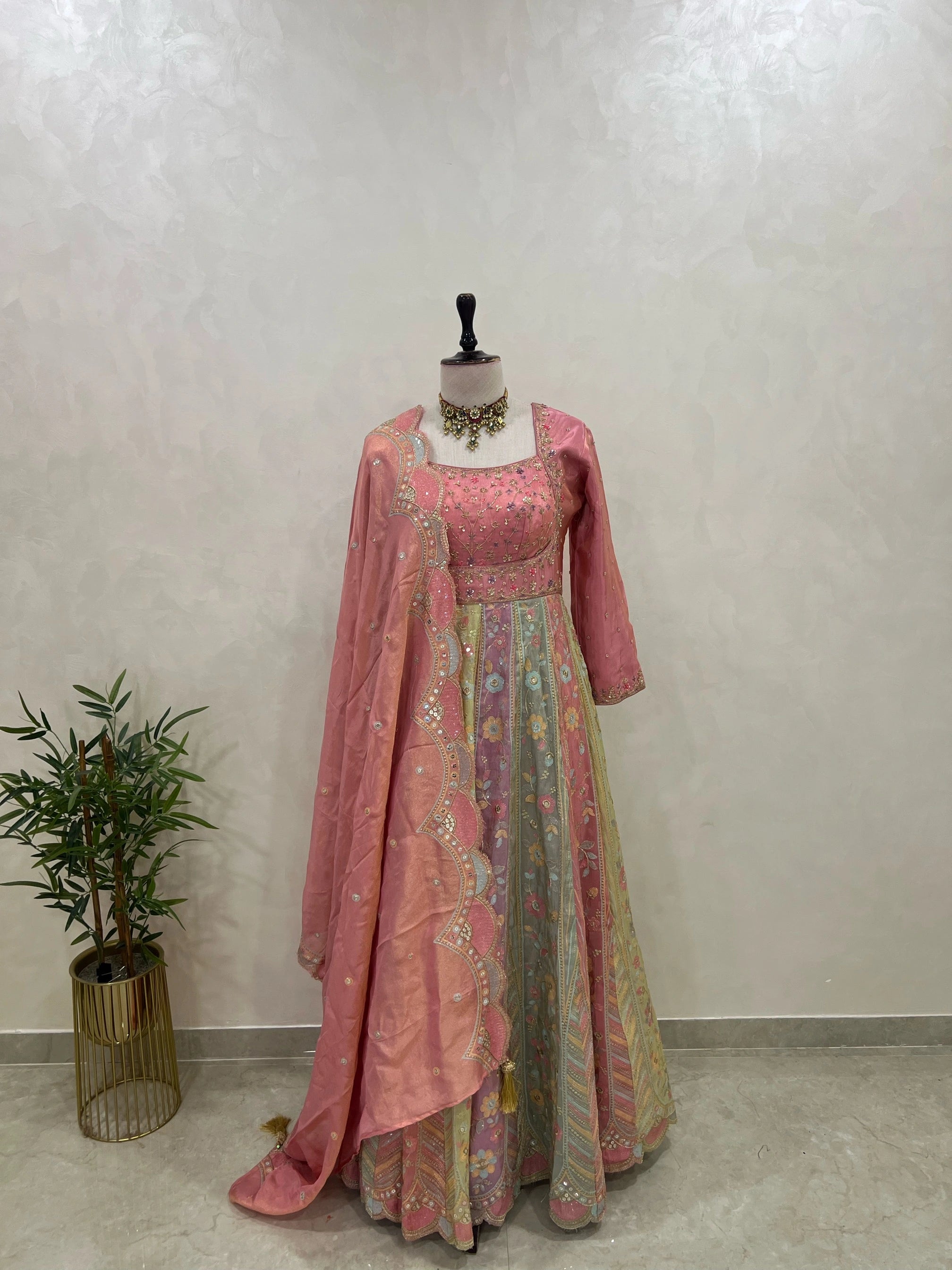 Tissue Anarkali Gown with Handwork and Machine Work Dupatta