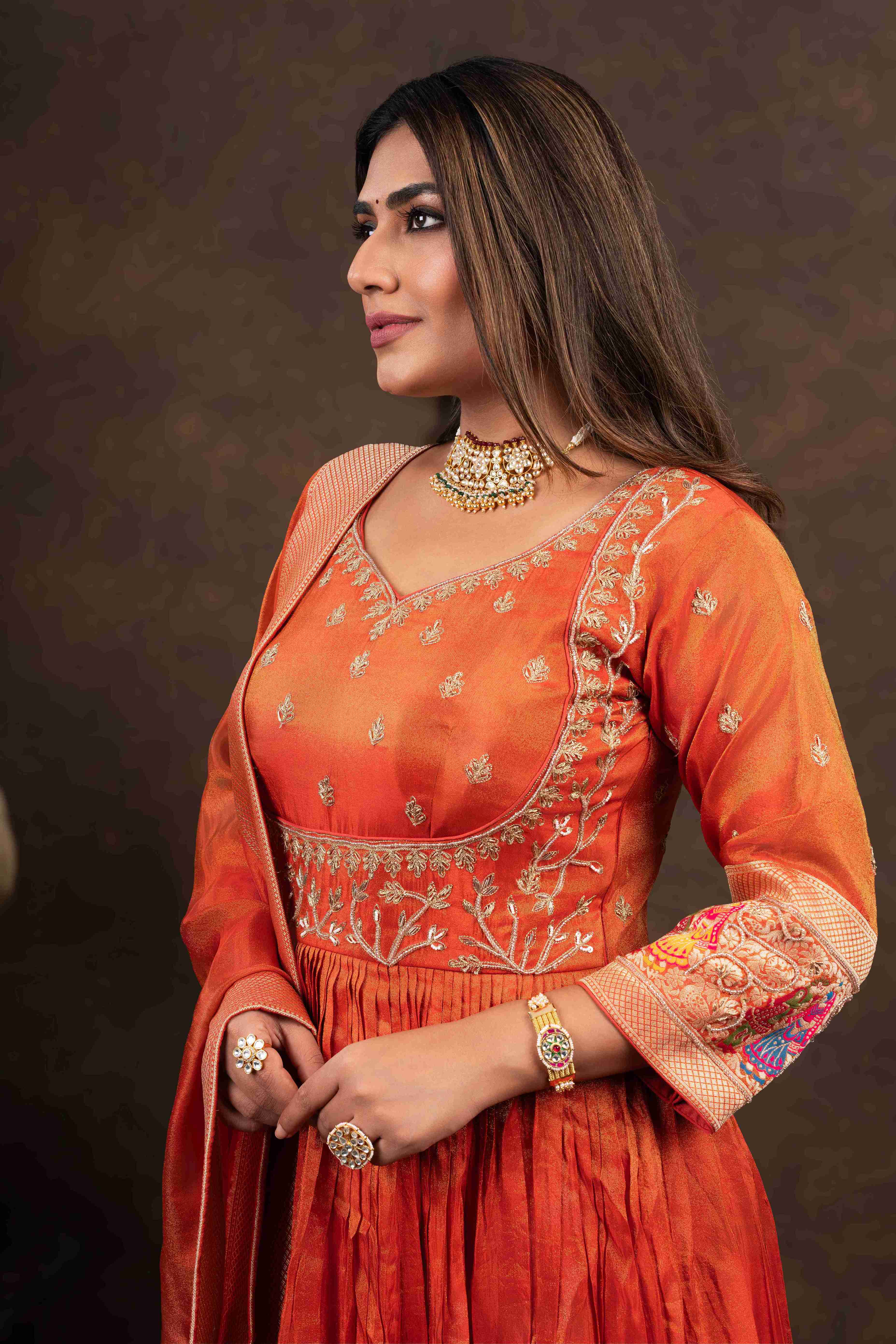 Rust Anarkali with Folk Motif Silk Dupatta