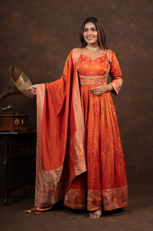 Rust Anarkali with Folk Motif Silk Dupatta