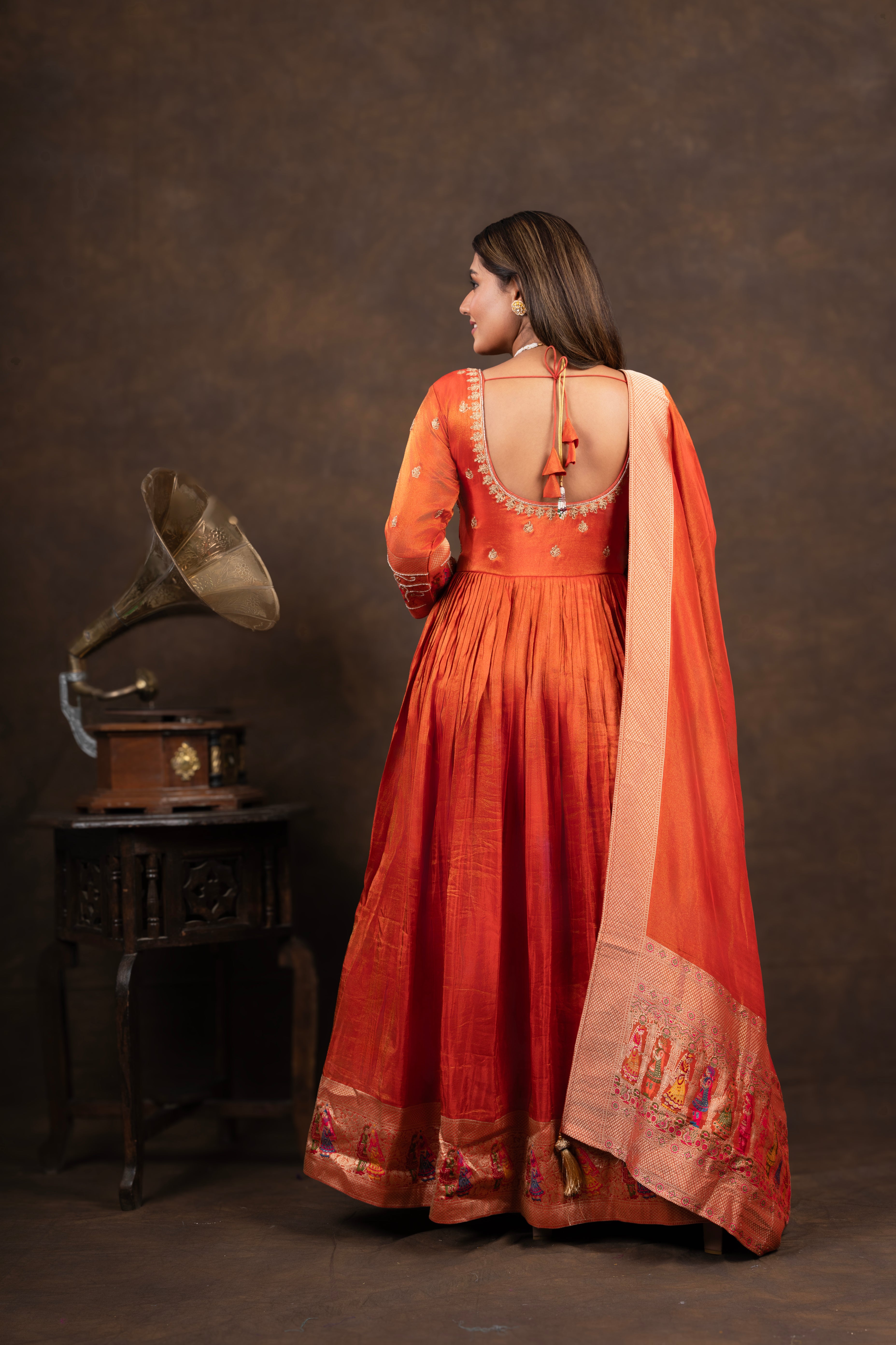 Rust Anarkali with Folk Motif Silk Dupatta