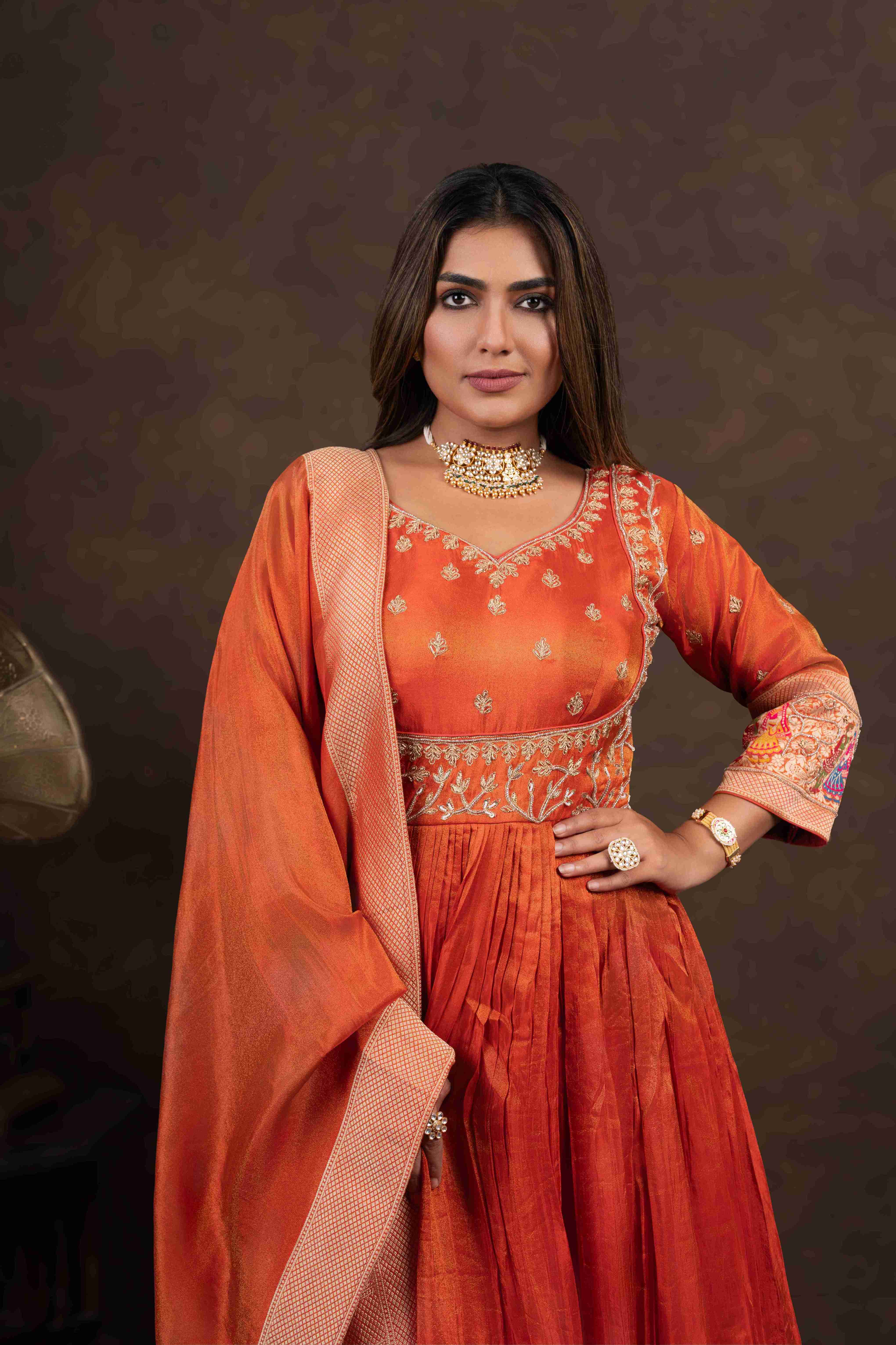 Rust Anarkali with Folk Motif Silk Dupatta