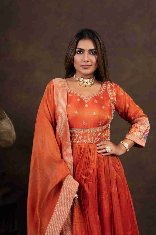 Rust Anarkali with Folk Motif Silk Dupatta