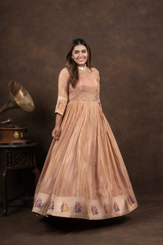 Chikoo Anarkali with Folk Motif Silk Dupatta