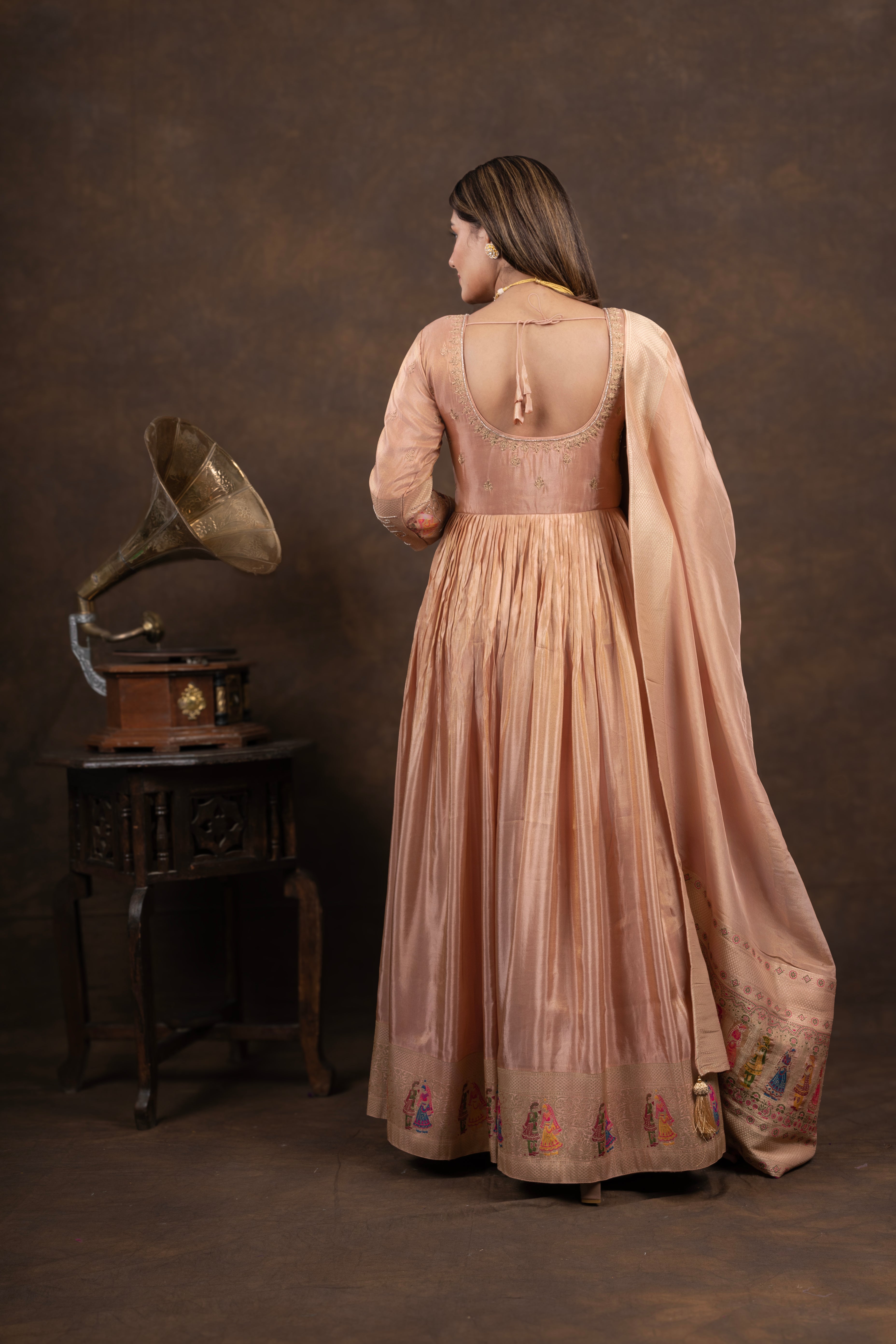 Chikoo Anarkali with Folk Motif Silk Dupatta